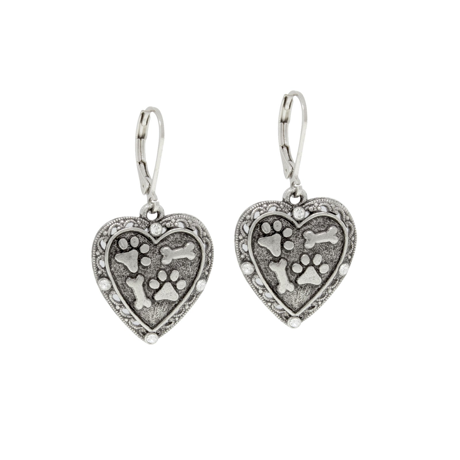 Premium Silver Tone Heart Paw & Bone Drop Earrings for Dog Lovers