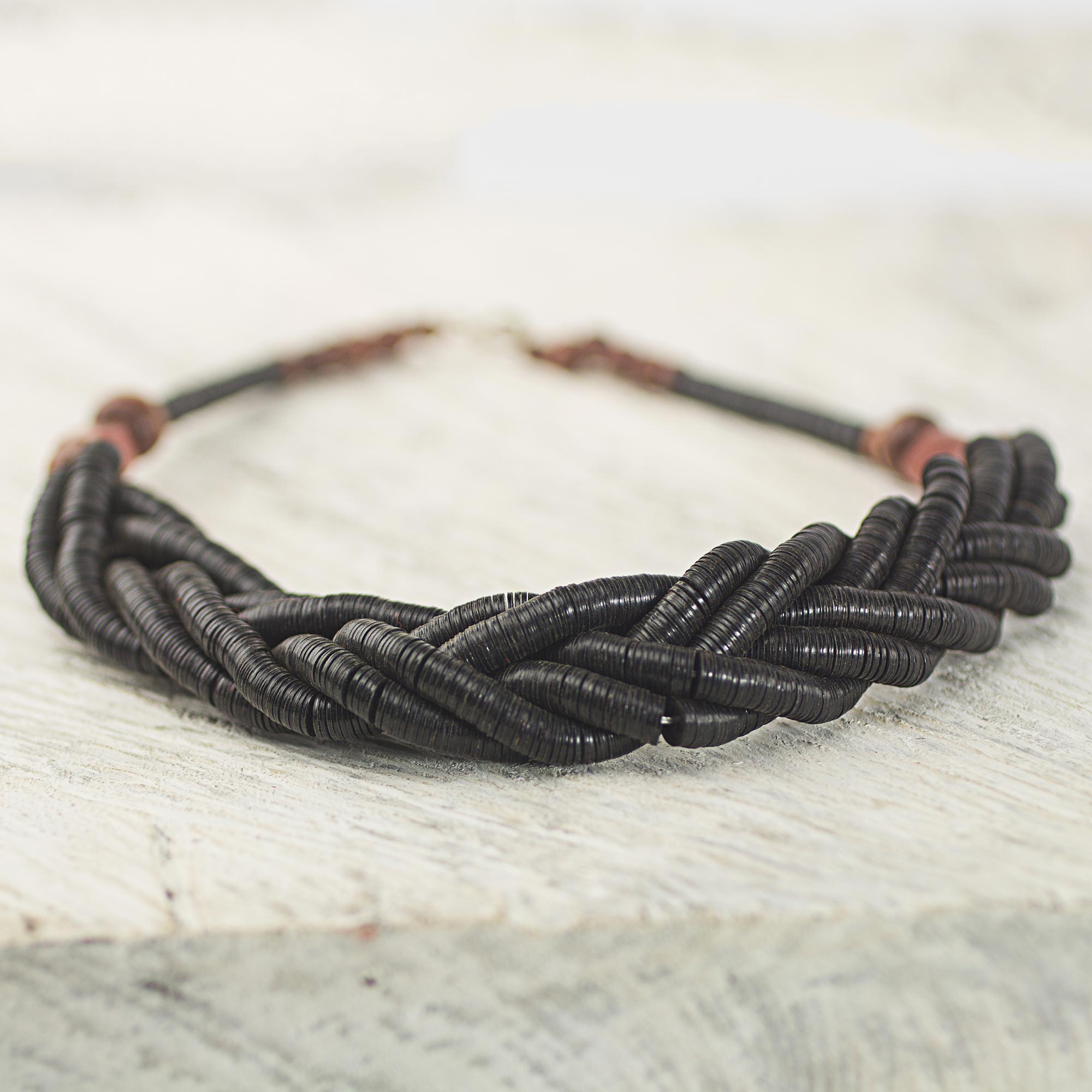 Premium Sosongo Black Handcrafted Beaded Necklace with Wood & Agate Accents