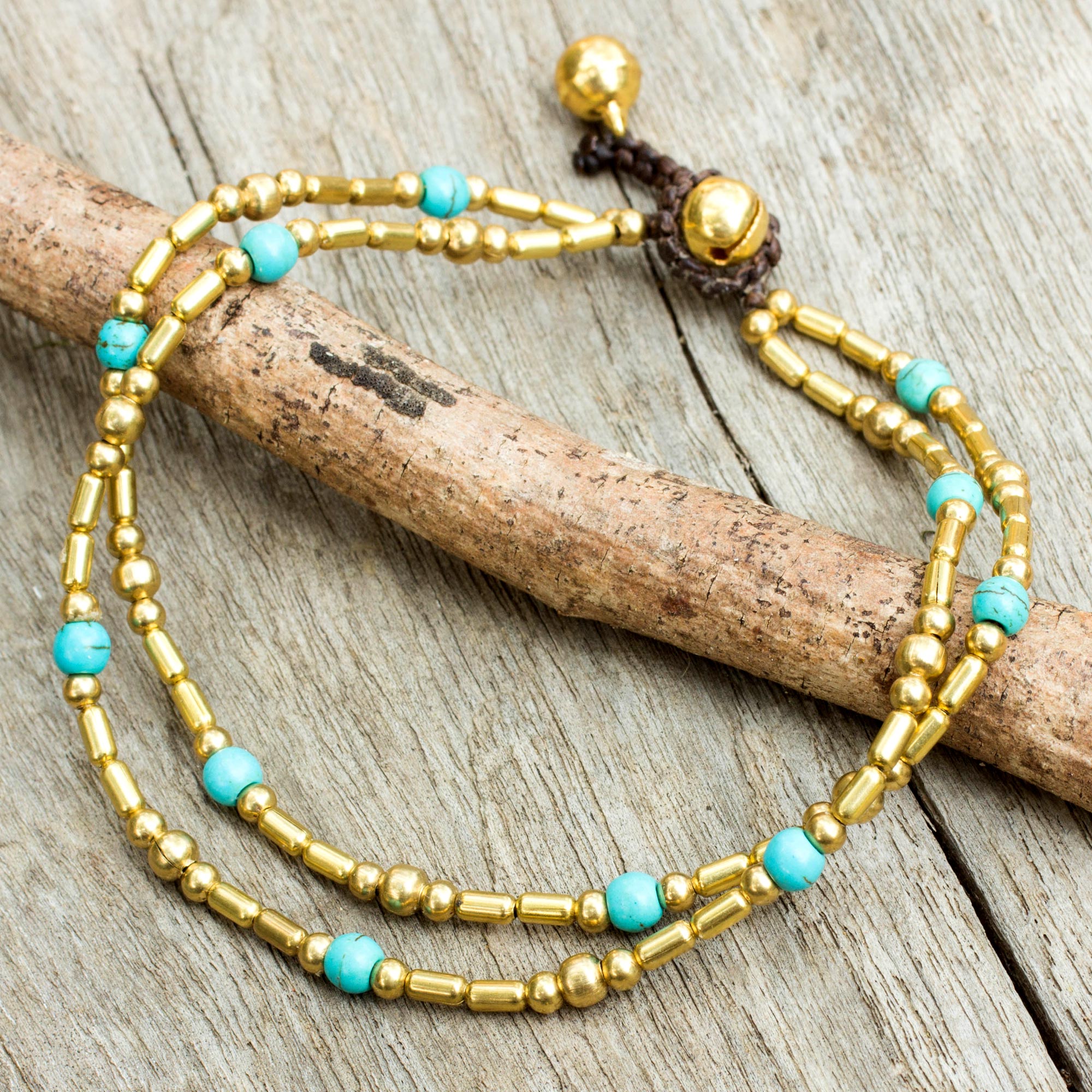 Premium Golden Bell Anklet with Blue Calcite Beads - Handcrafted in Thailand