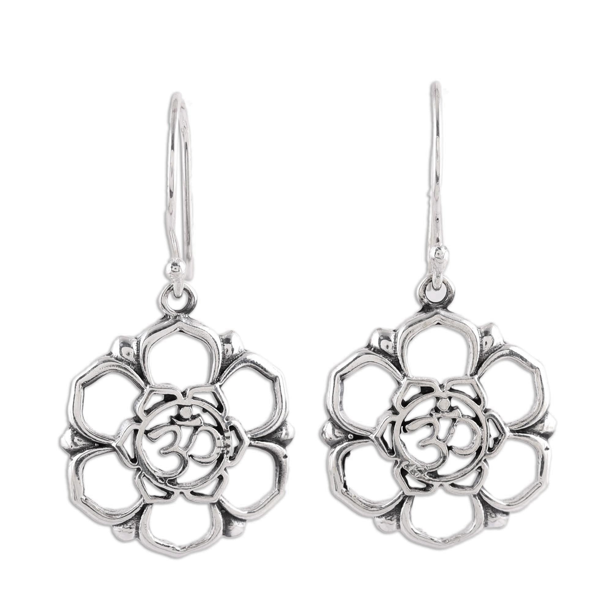 Premium Floral Om Sterling Silver Dangle Earrings with Sacred Symbol