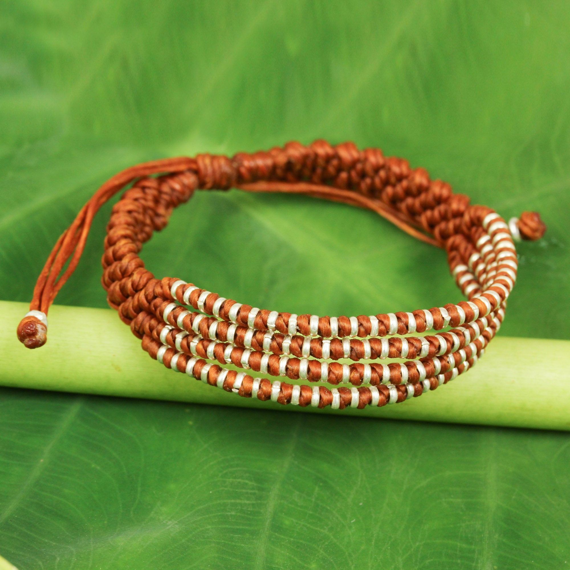 Premium Handcrafted Ginger-Orange Macrame Bracelet with Hill Tribe Silver Beads