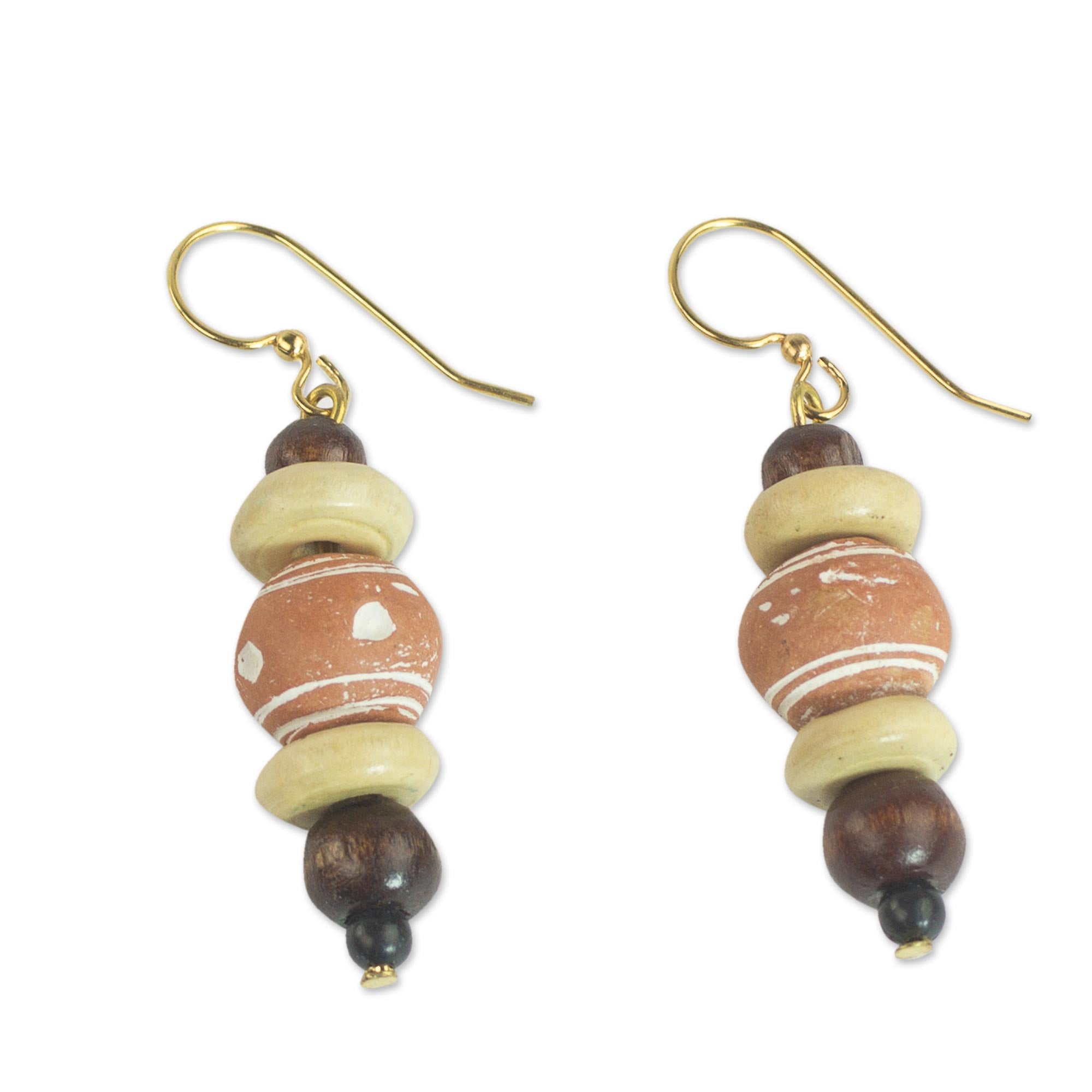 Premium Handcrafted Sese Wood & Ceramic Dangle Earrings from Ghana