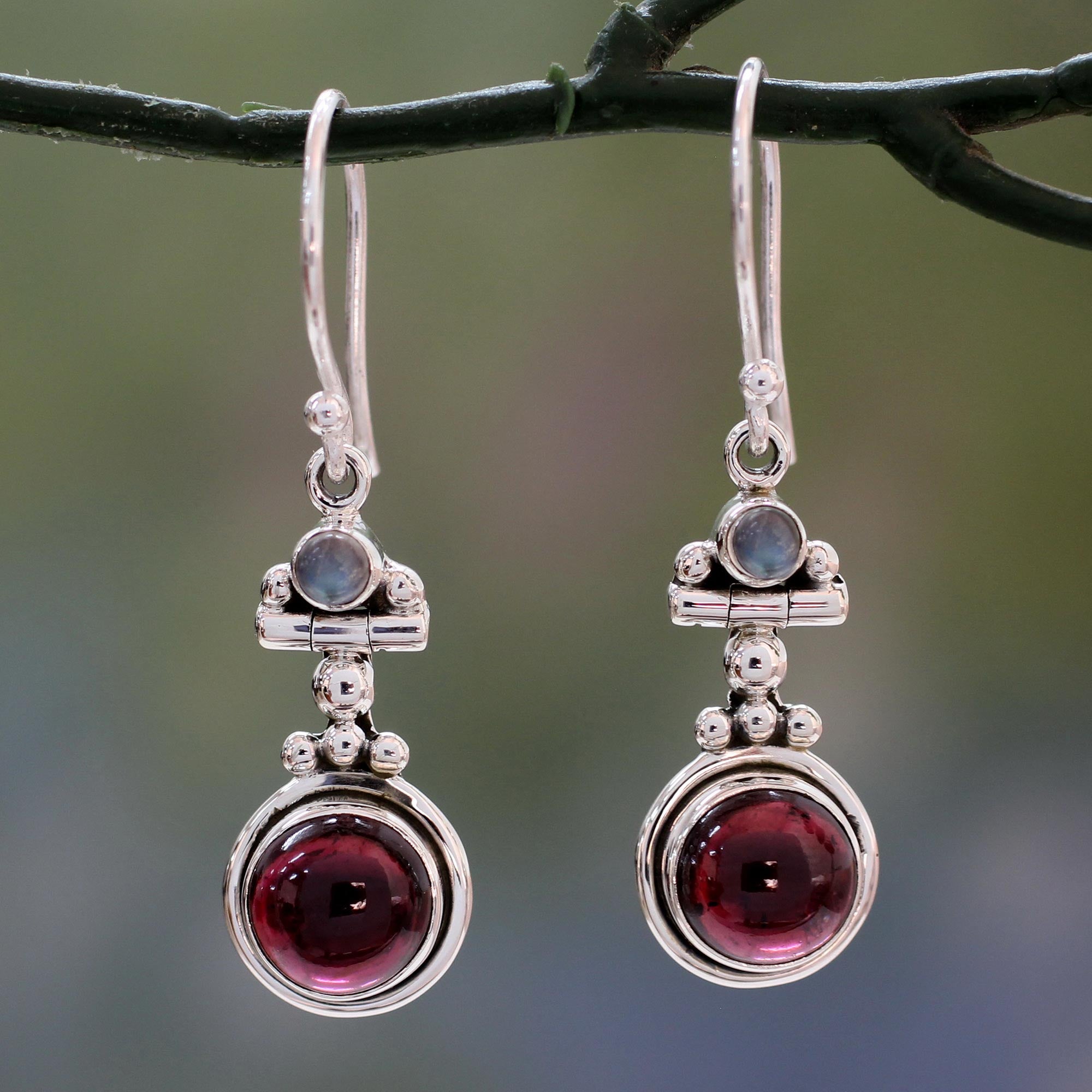 Premium Misty Moon Garnet Silver Dangle Earrings - Handcrafted Elegance