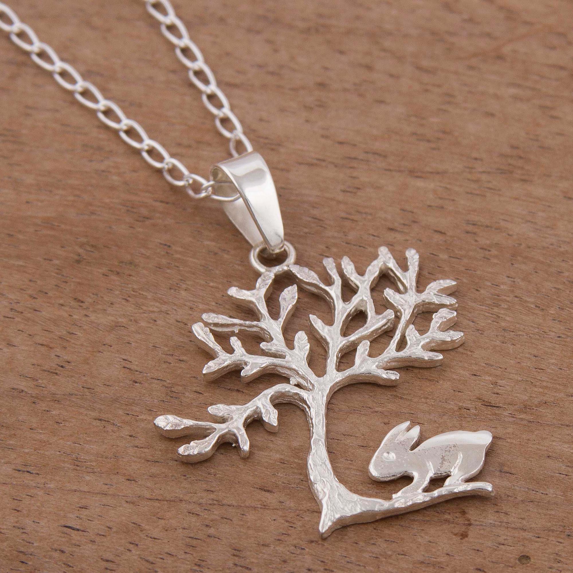 Premium Sterling Silver Rabbit and Tree of Life Pendant Necklace from Peru