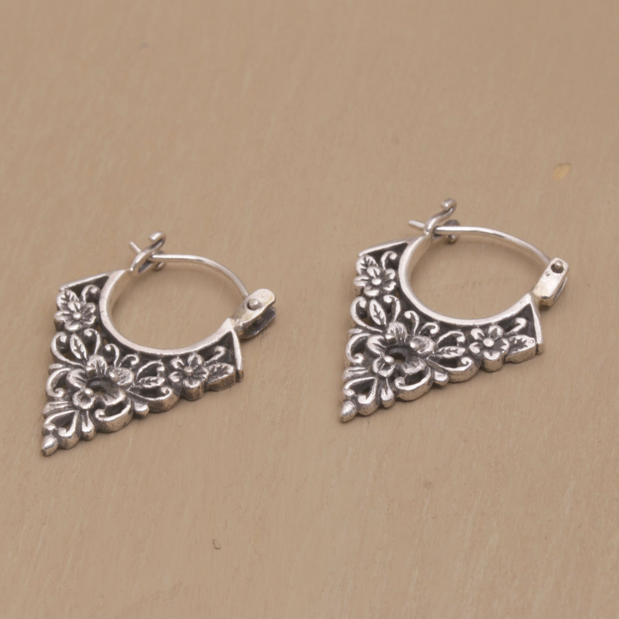 Premium Floral Sterling Silver Hoop Earrings - Handcrafted in Bali