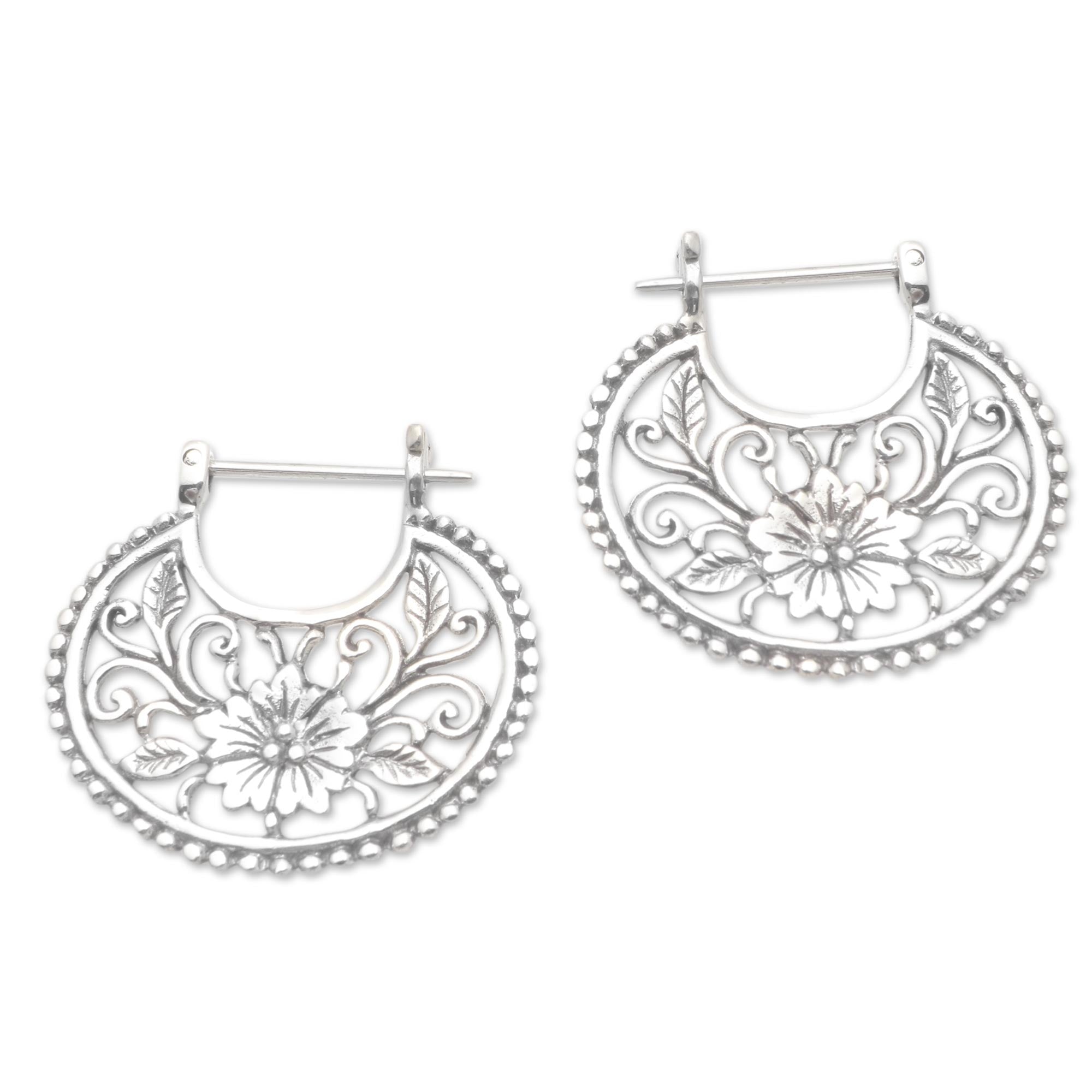 Premium Balinese Sterling Silver Hoop Earrings - Floral Curves Design