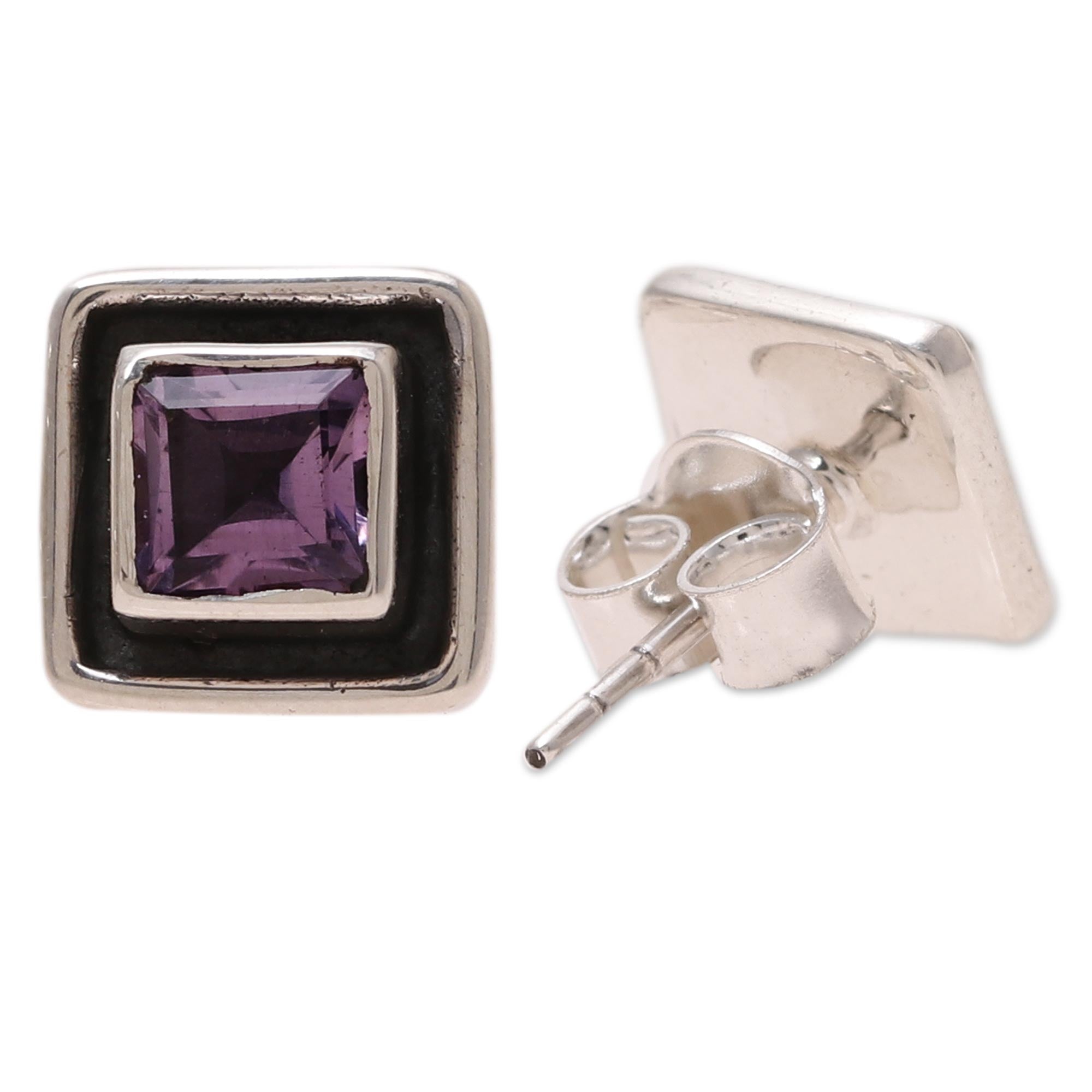 Premium Sterling Silver Amethyst Stud Earrings - Regal Square Design