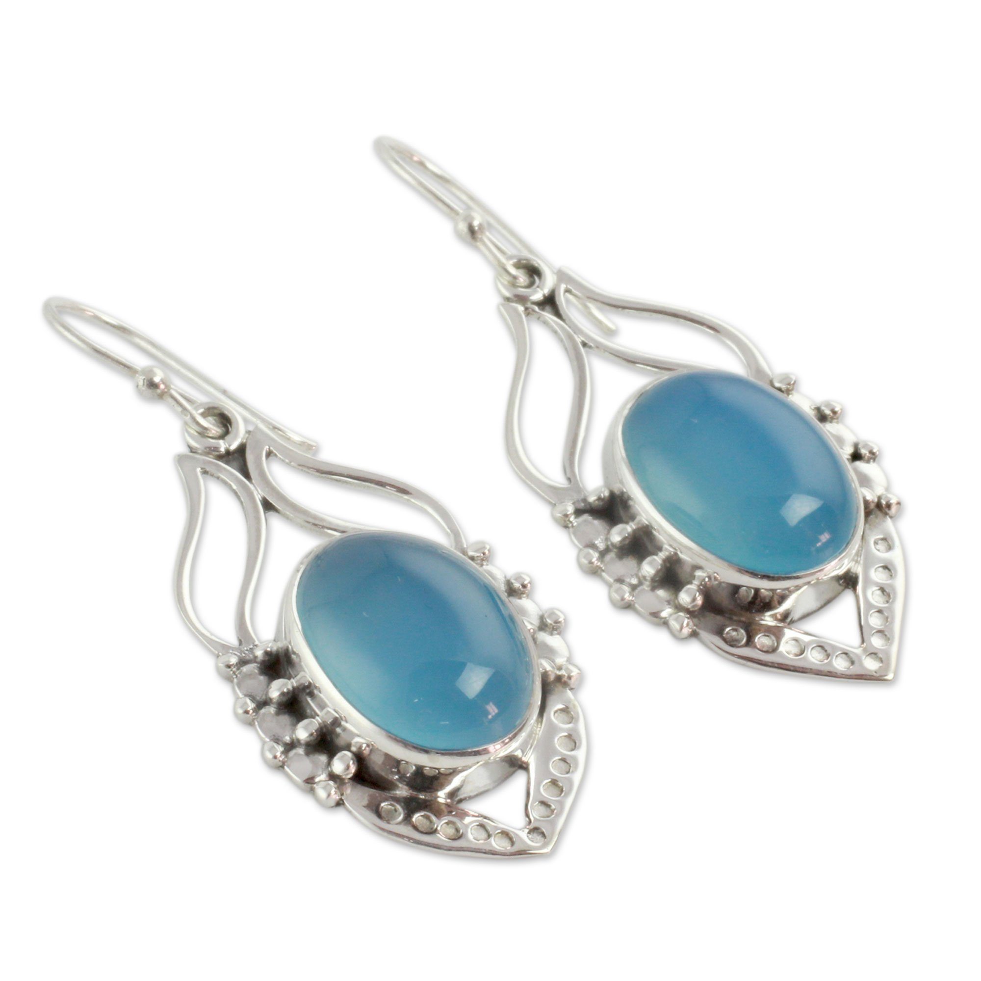 Premium Chalcedony & Sterling Silver Leaf Earrings - Handcrafted Elegance