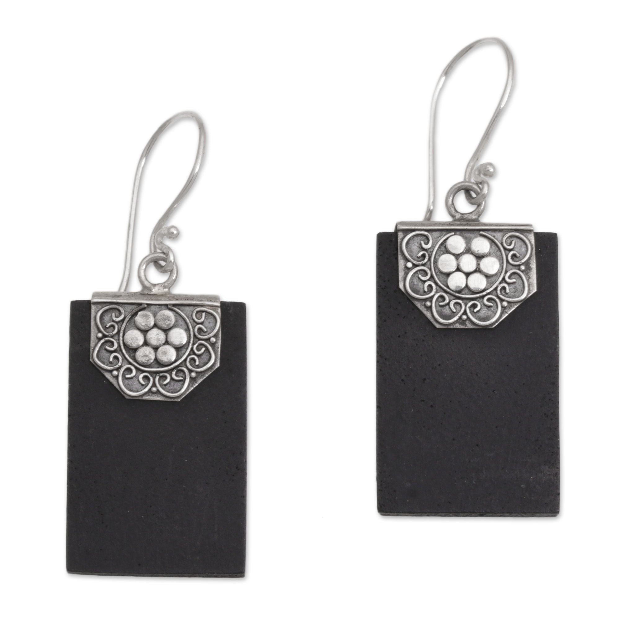 Premium Midnight Silver Lava Stone Dangle Earrings