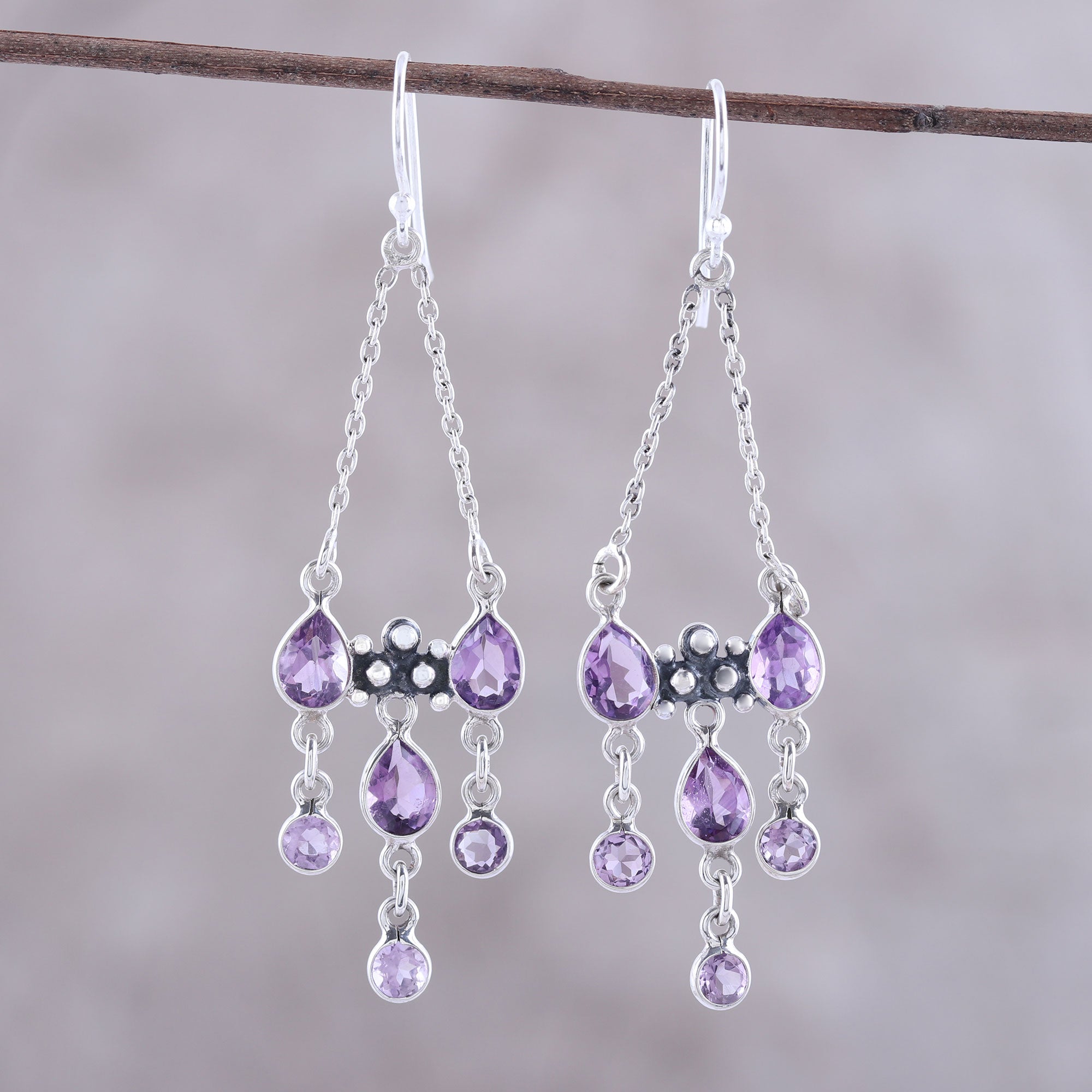 Premium Glittering Dance Chandelier Earrings – Sterling Silver with Purple Amethyst