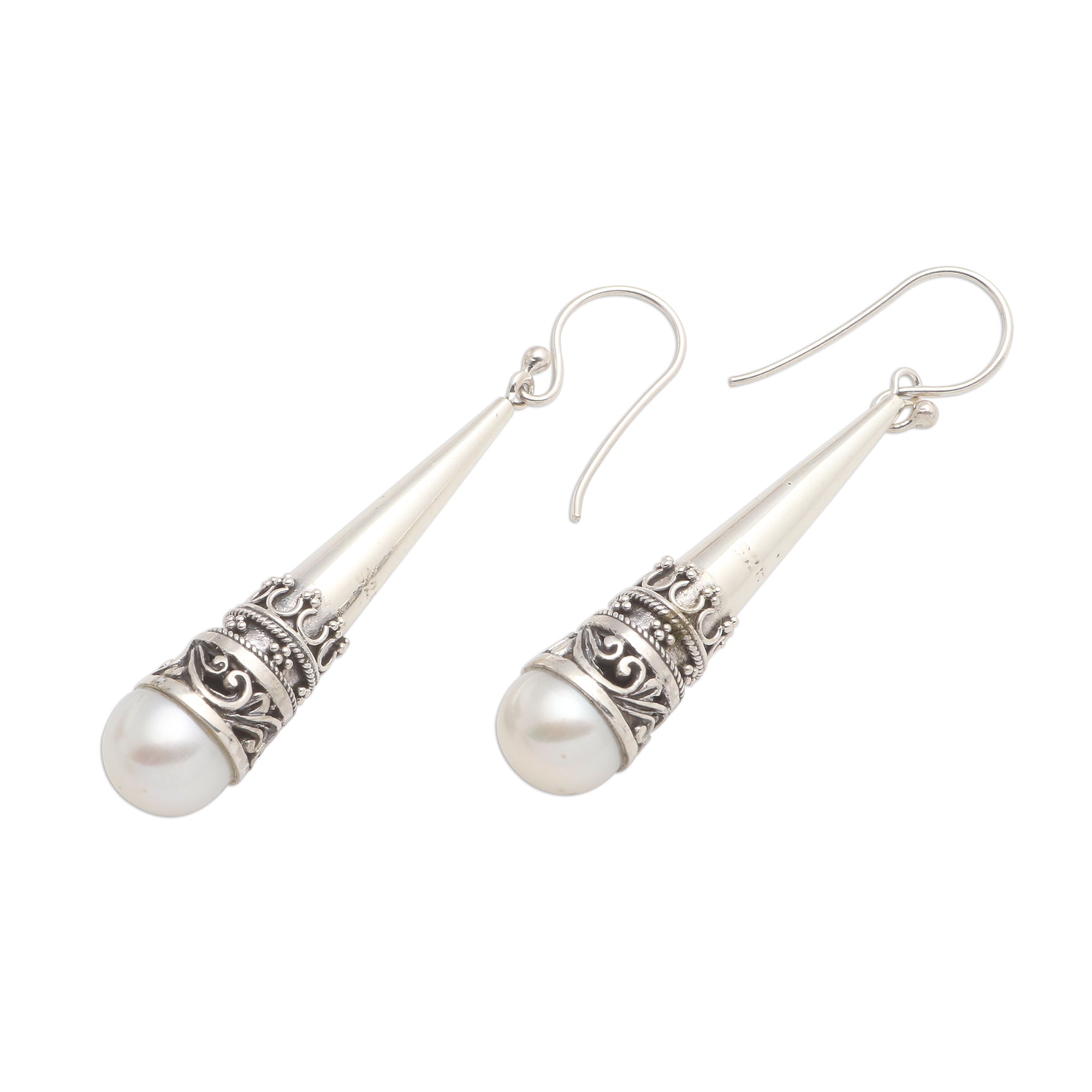 Premium Bali Cornet Sterling Silver Dangle Earrings with Cultured Pearl – Timeless Elegance