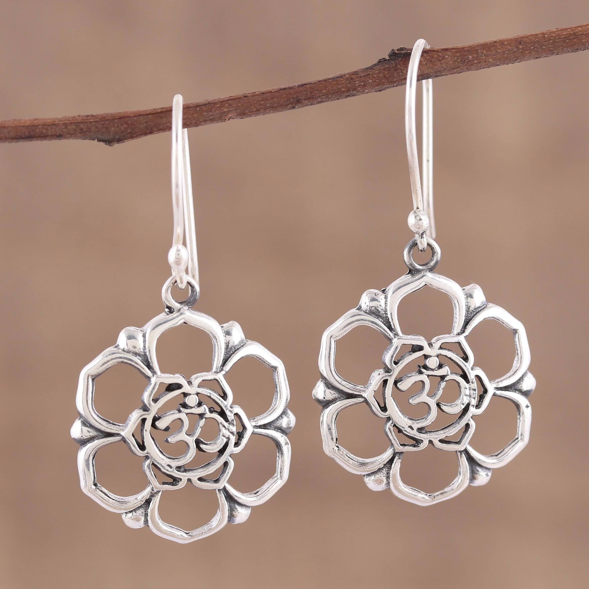 Premium Floral Om Sterling Silver Dangle Earrings with Sacred Symbol