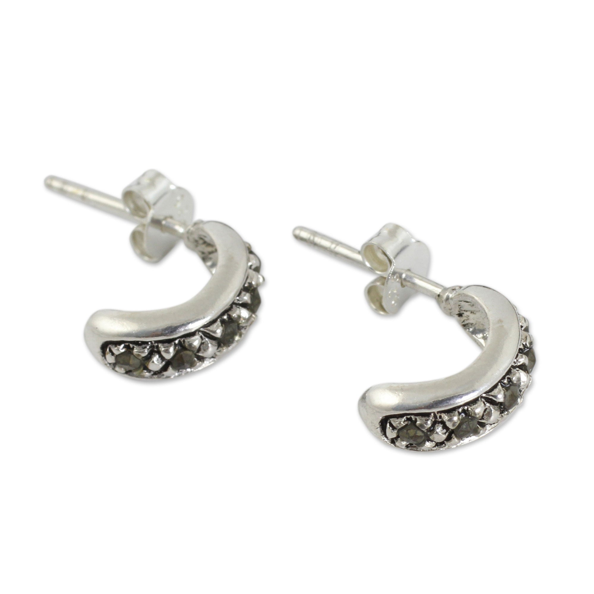 Premium Dew Sterling Silver Half Hoop Earrings with Marcasite - Vintage Elegance