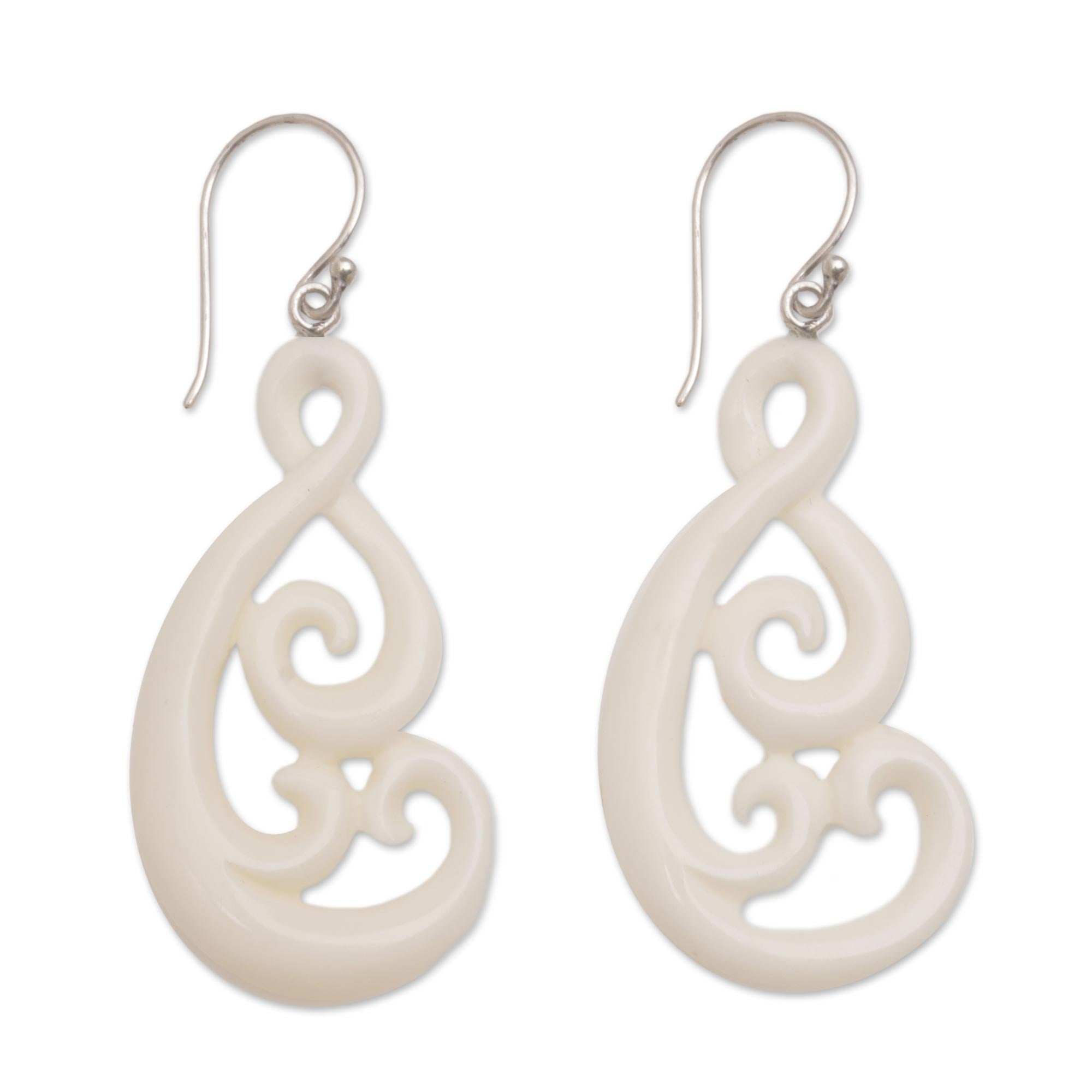 Premium Handcrafted Swirly Vines Bone Dangle Earrings from Bali