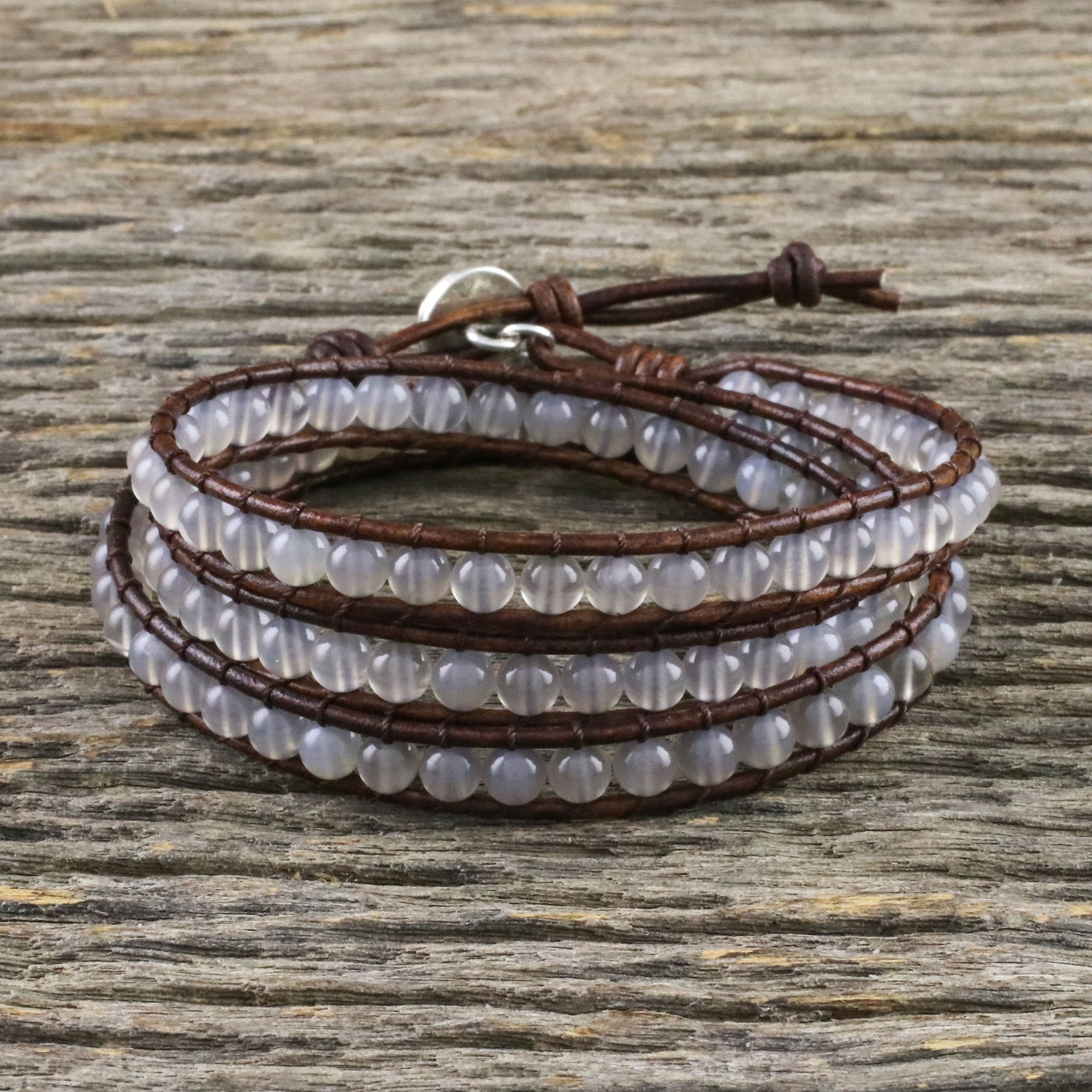 Premium Spring Fog Chalcedony Leather Wrap Bracelet – Handcrafted in Thailand