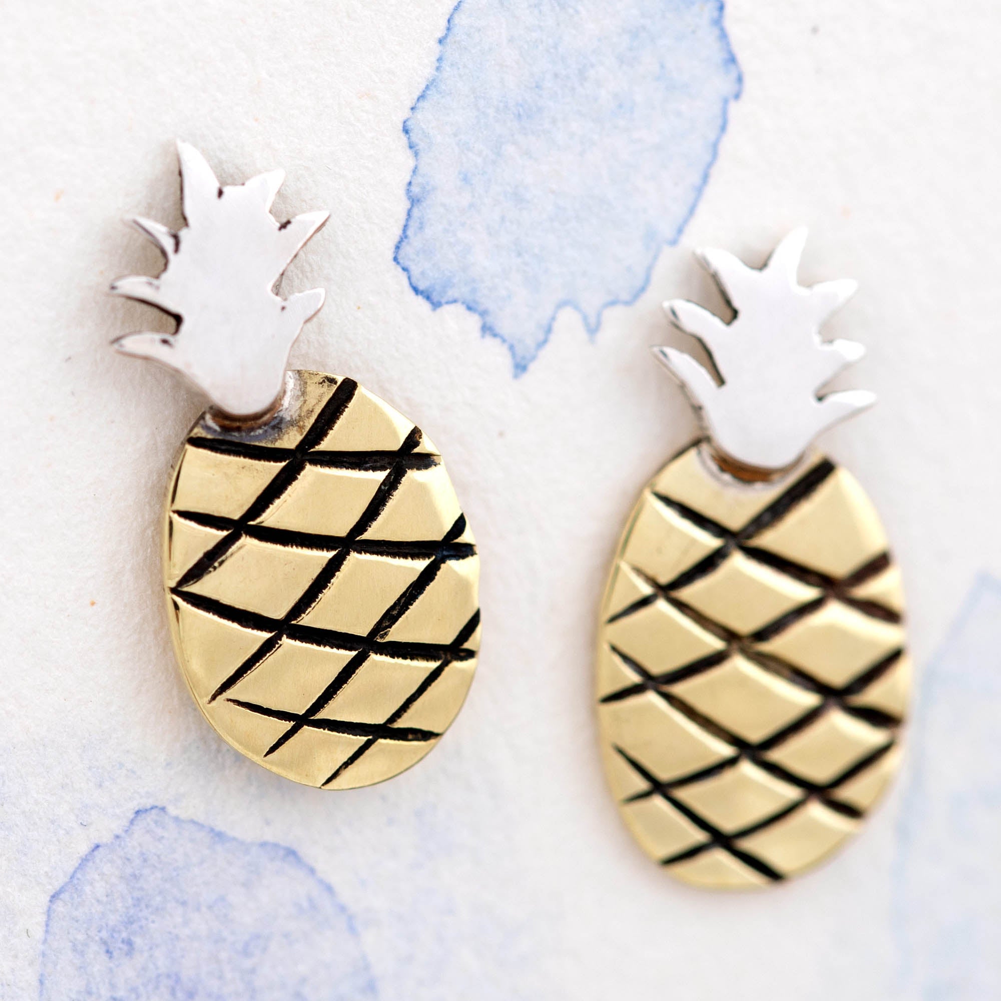 Premium Tropical Pineapple Sterling Silver & Brass Earrings