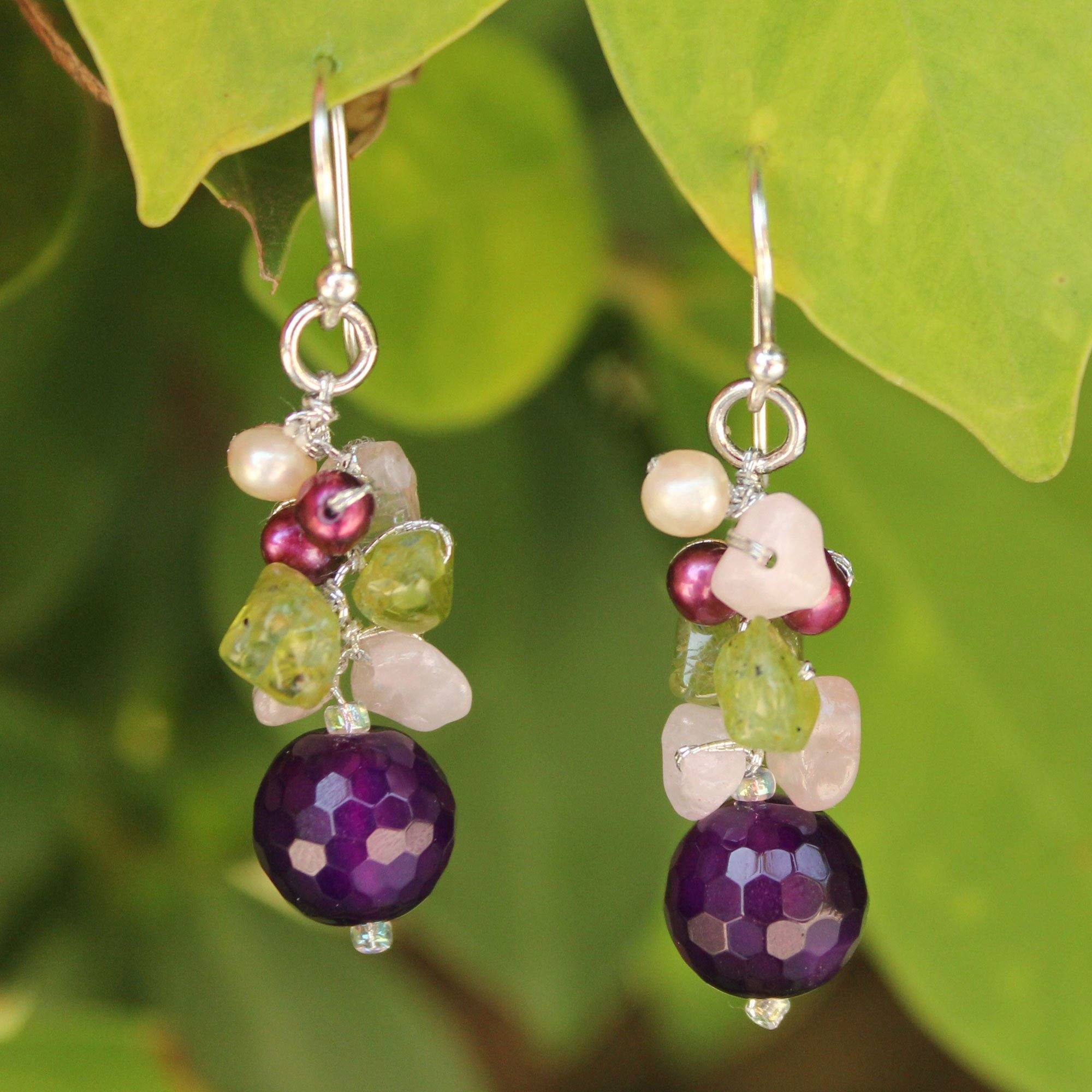 Premium Gemstone & Pearl Cluster Earrings - Handcrafted Elegance