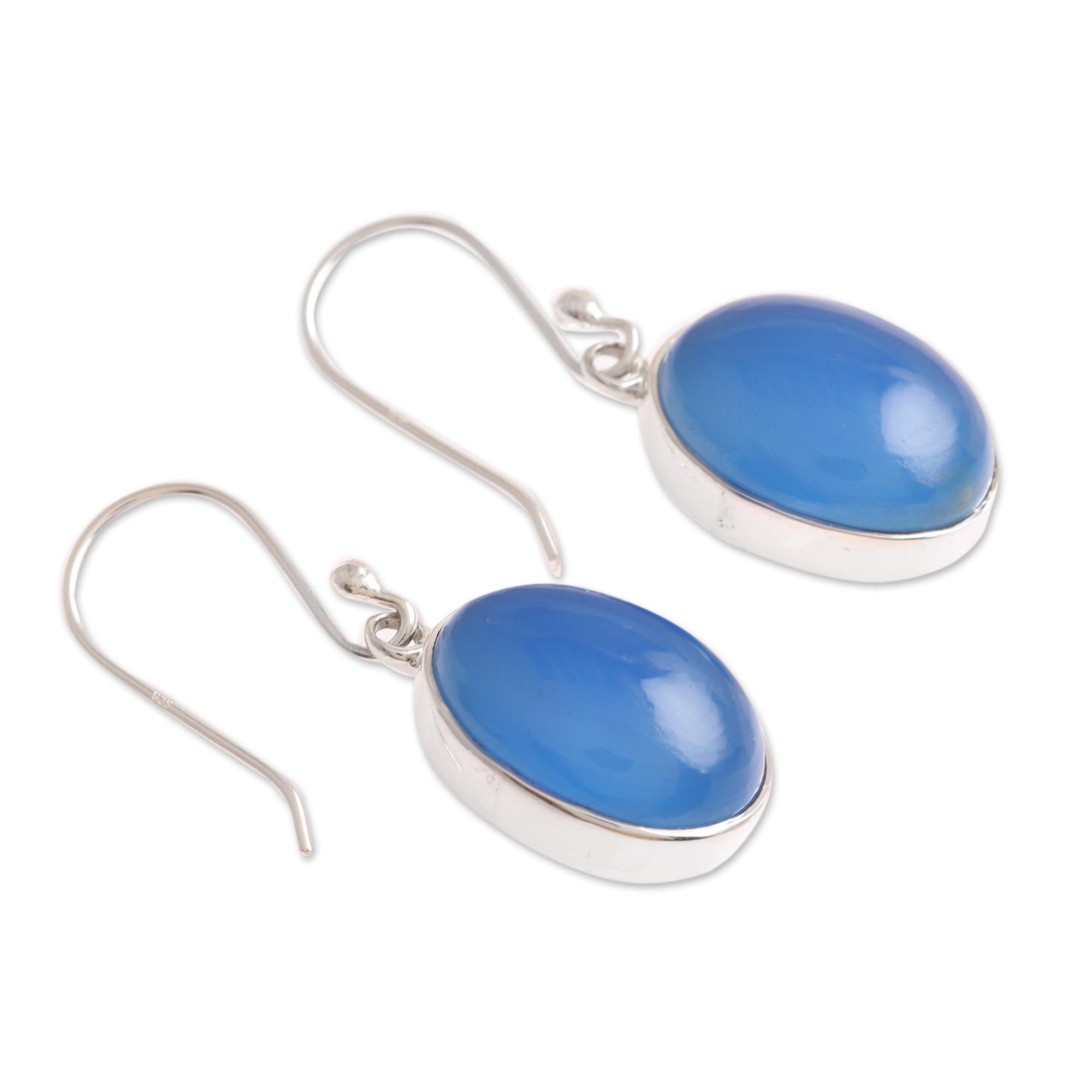 Premium Oval Blue Chalcedony Dangle Earrings - Handcrafted in Sterling Silver