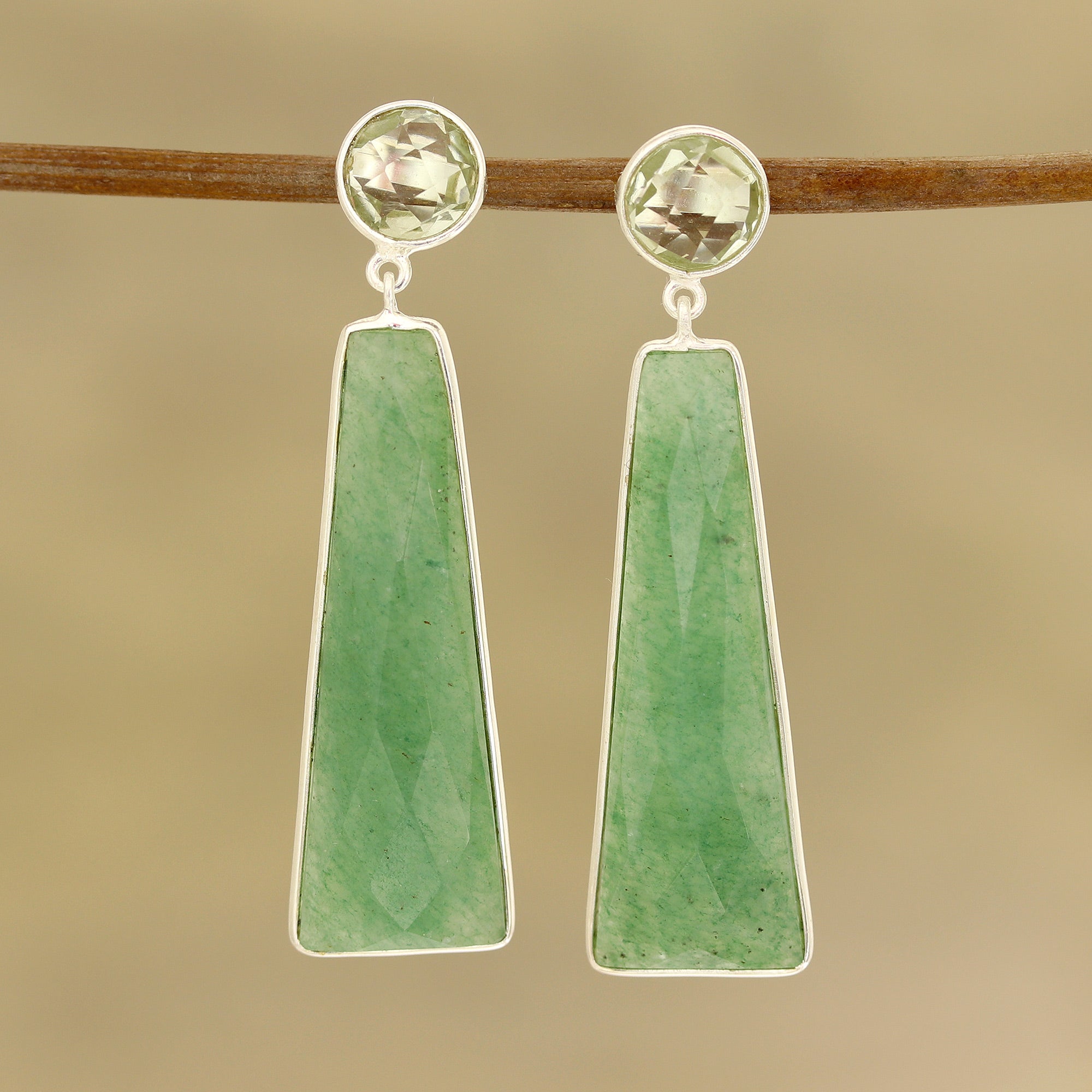 Premium Green Towers Dangle Earrings - Aventurine & Prasiolite Silver Jewelry