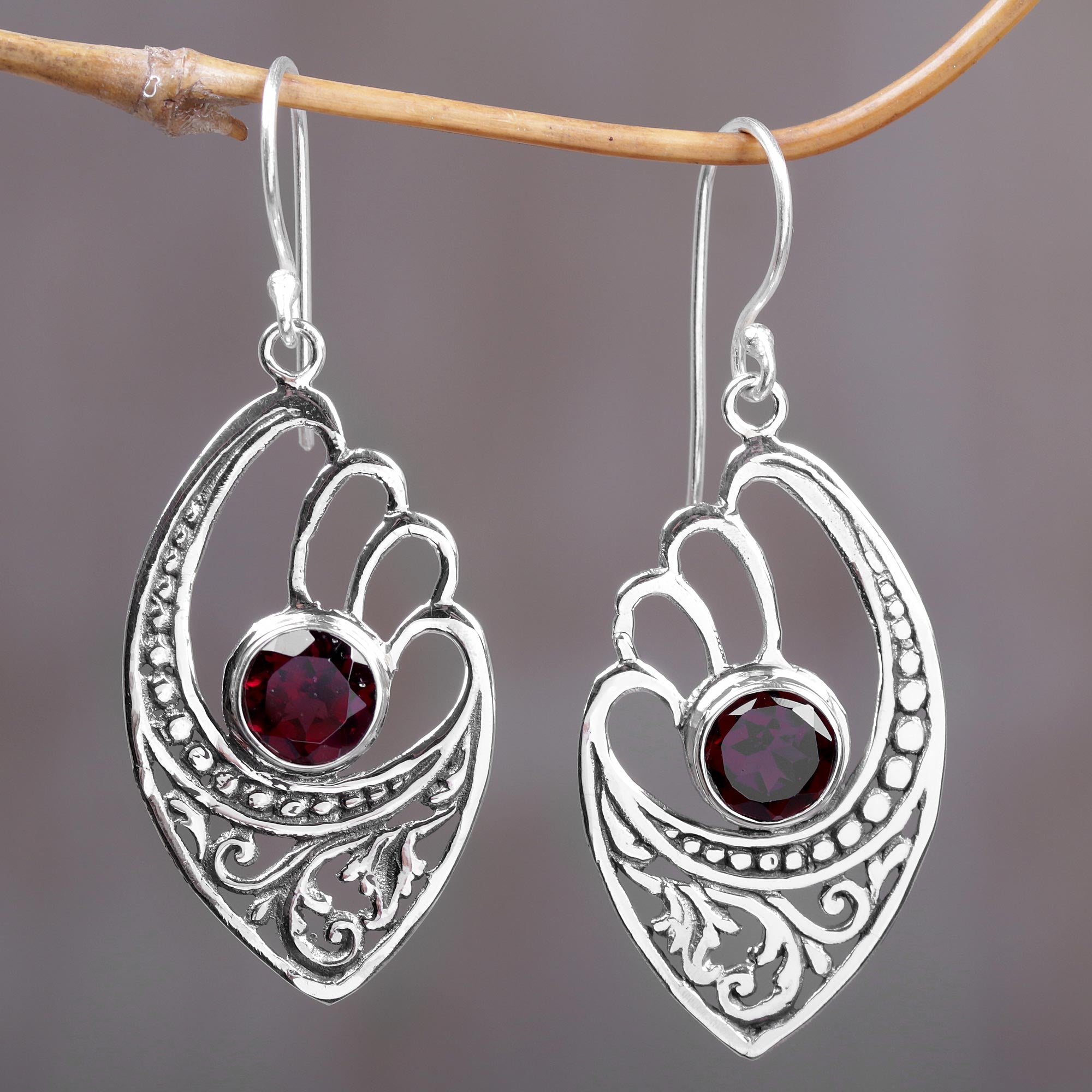 Premium 2 Carats Garnet & Sterling Silver Balinese Artisan Earrings