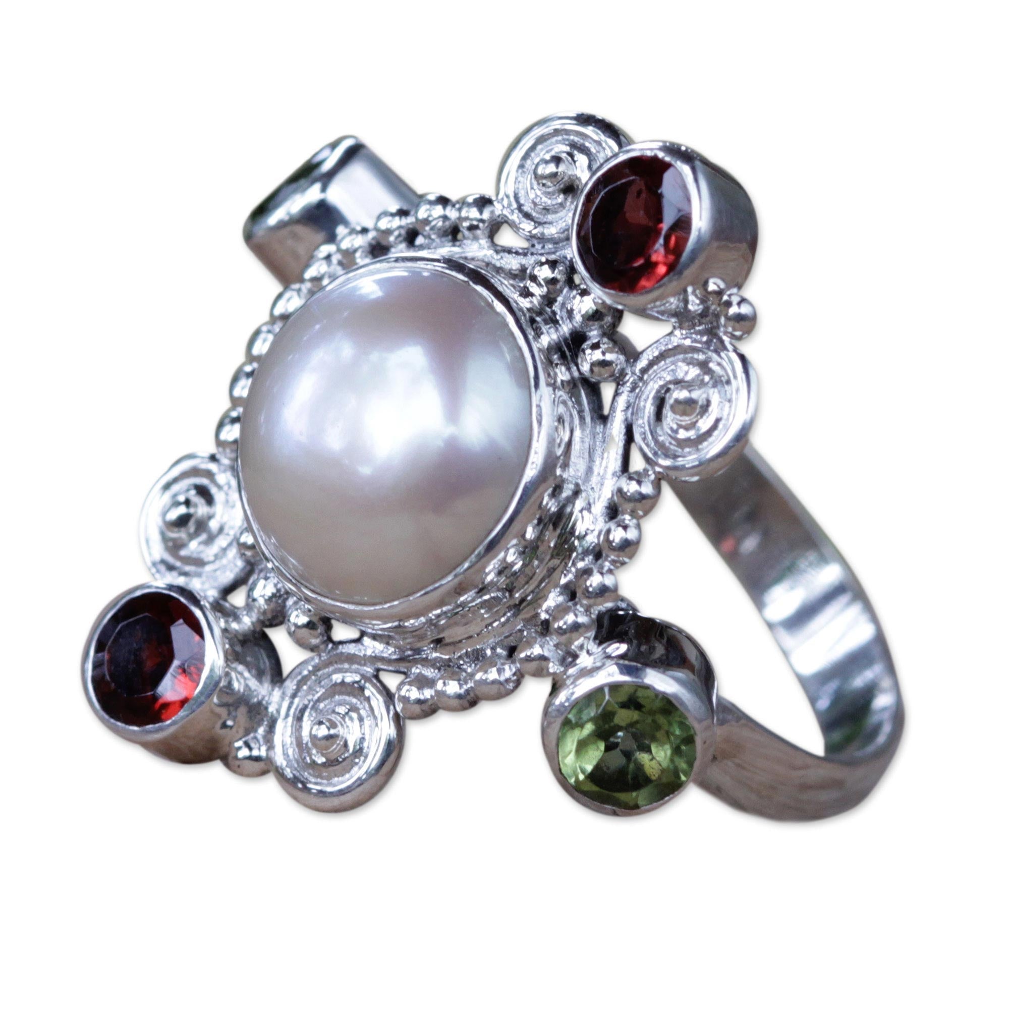 Premium Moon and Stars Artisan Ring - Cultured Pearl, Garnet & Peridot