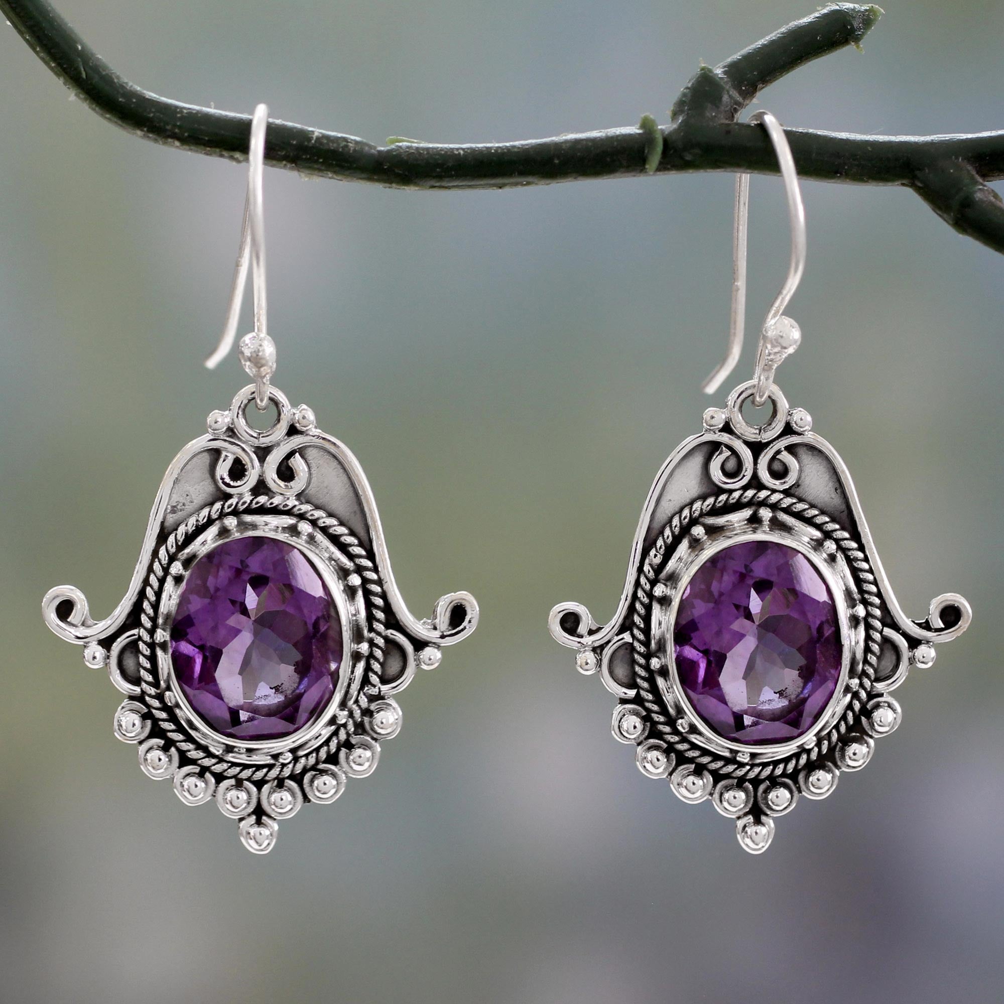 Premium Jaipuri Amethyst Sterling Silver Dangle Earrings