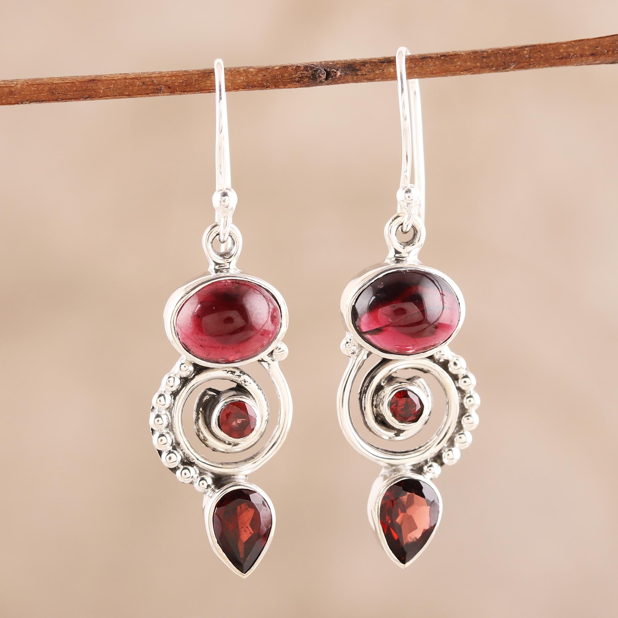 Premium Garnet Spiral Dangle Earrings in Sterling Silver