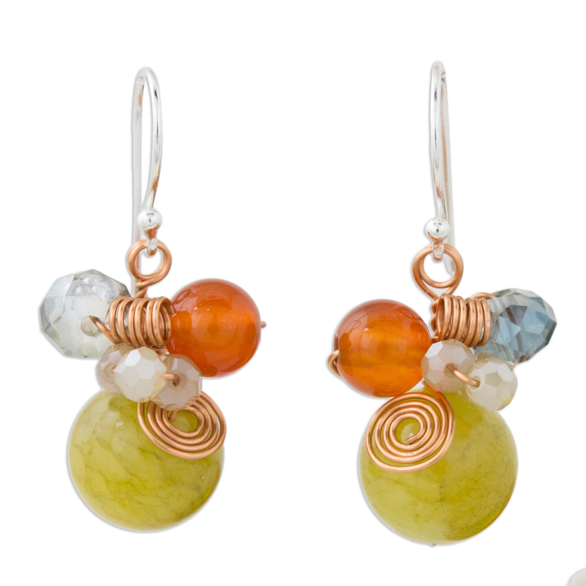 Premium Citron Bubbles Dangle Earrings – Green Quartz & Carnelian with Copper Accents