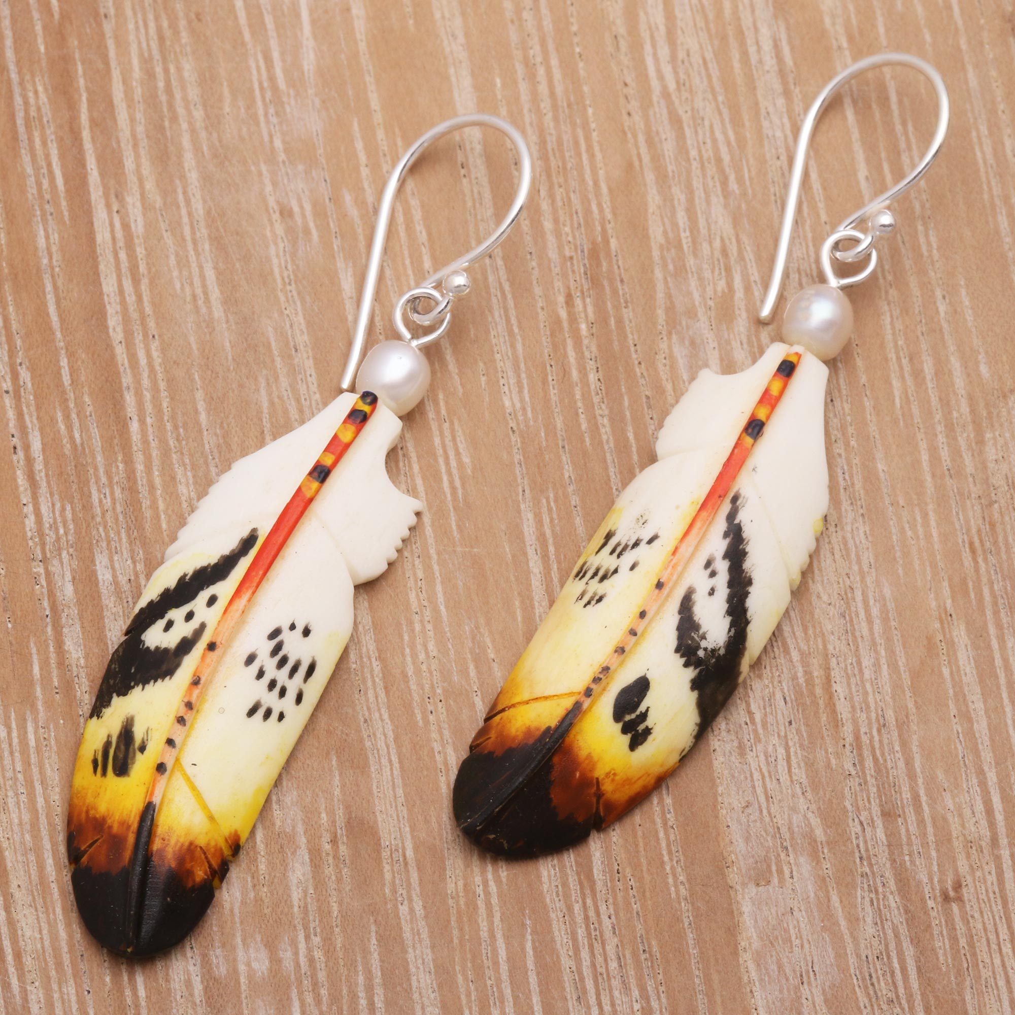 Premium Bali Handcrafted Feather Dangle Earrings with Cultured Pearls