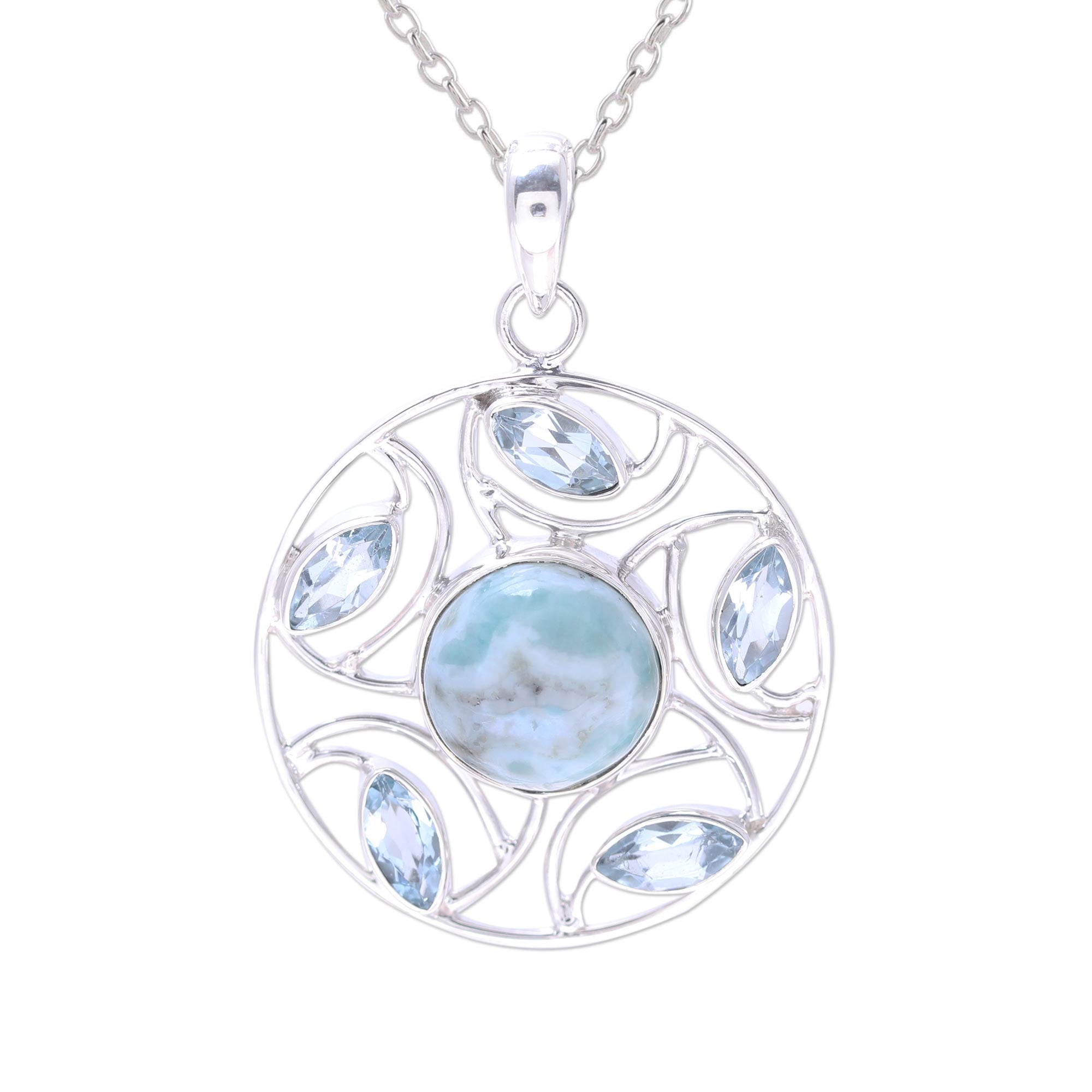 Premium Sterling Silver Larimar & Blue Topaz Wheel Pendant Necklace