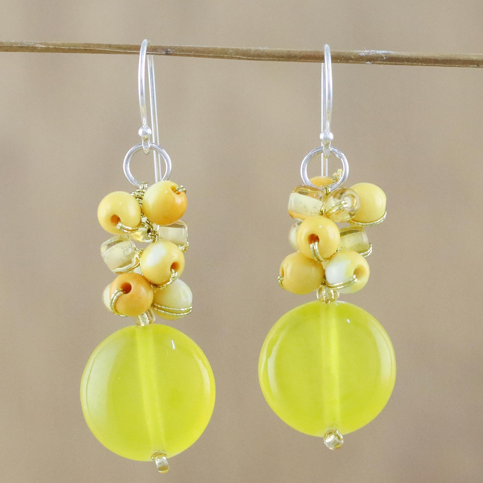 Premium Yellow Quartz & Glass Bead Dangle Earrings - Handcrafted in Thailand