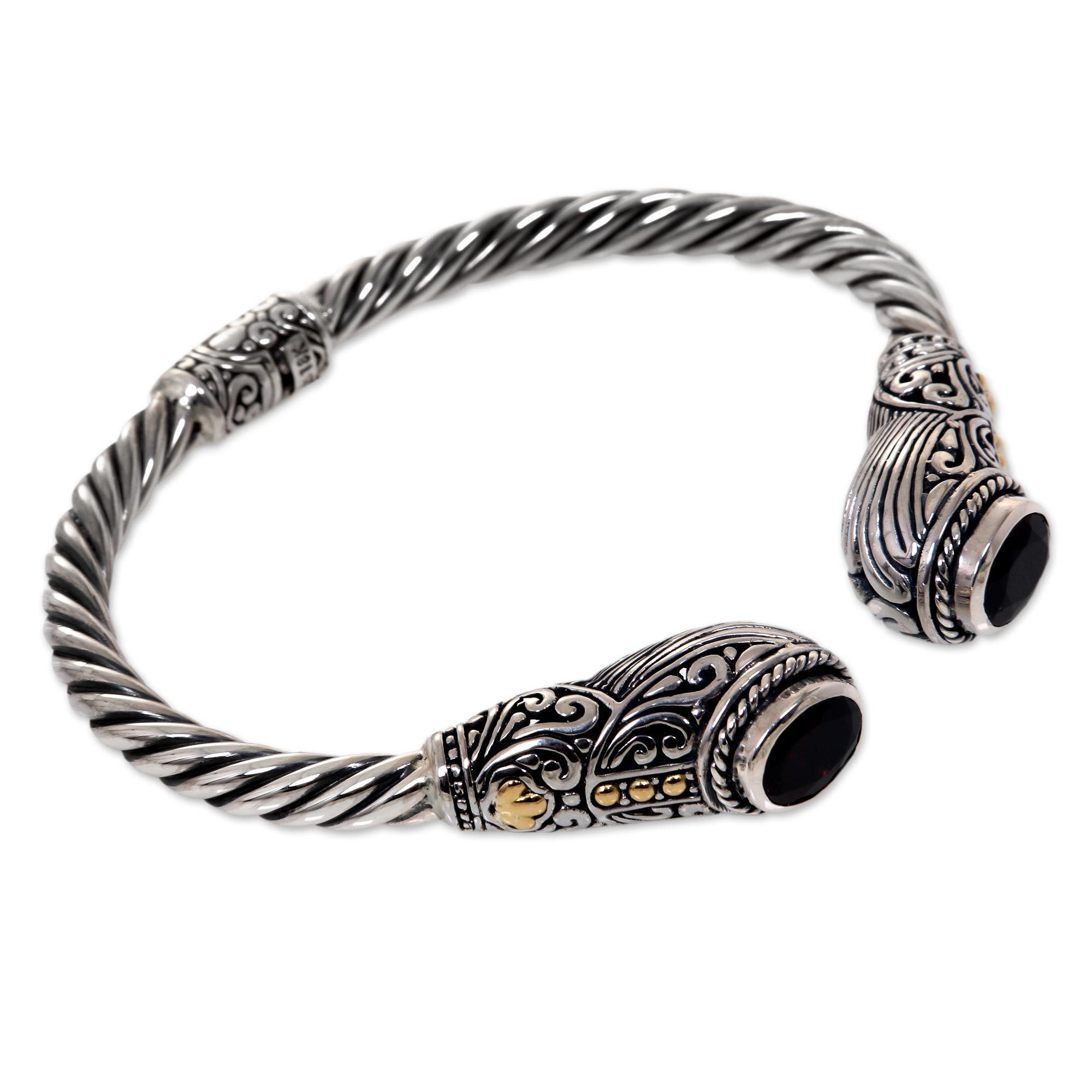 Premium Gelgel Empress Cable Bracelet - Handcrafted Sterling Silver with Garnet Accents