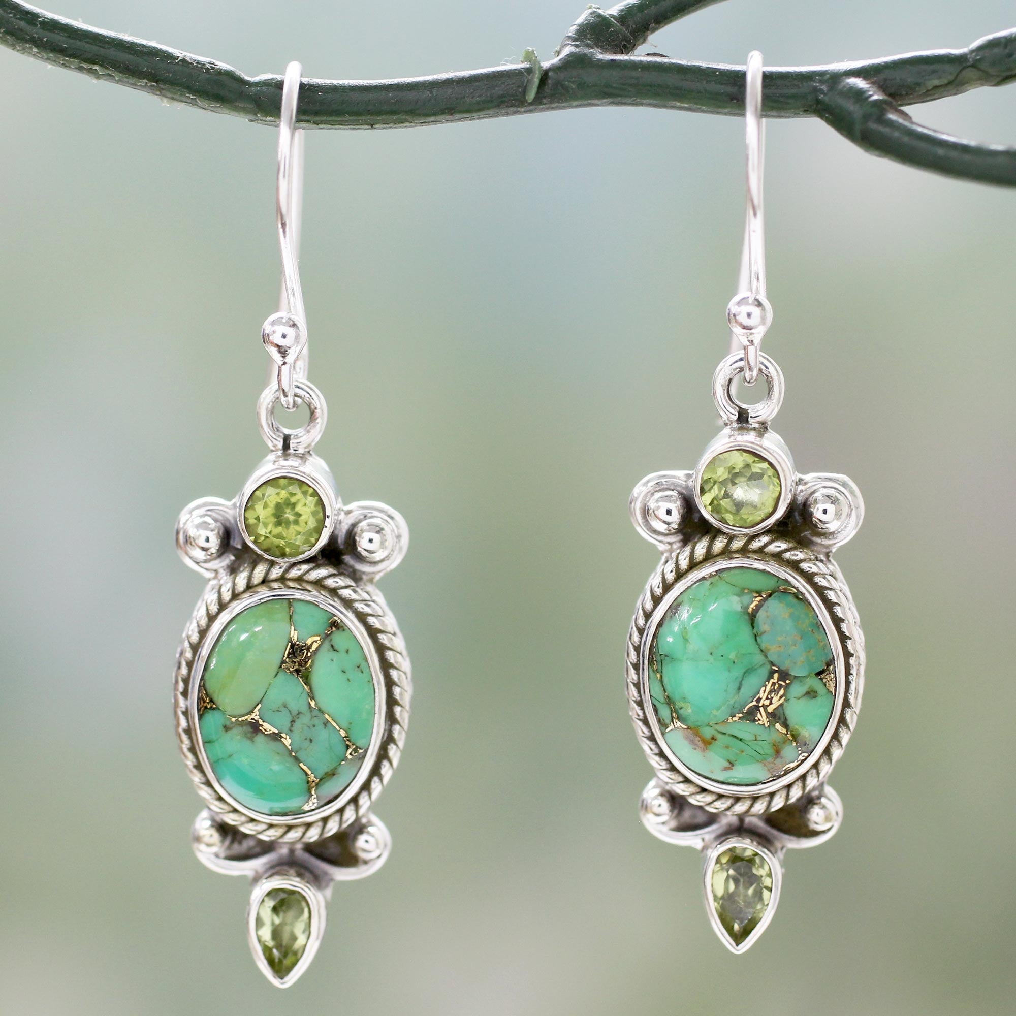 Premium Green Turquoise & Silver Dangle Earrings - Handmade in India