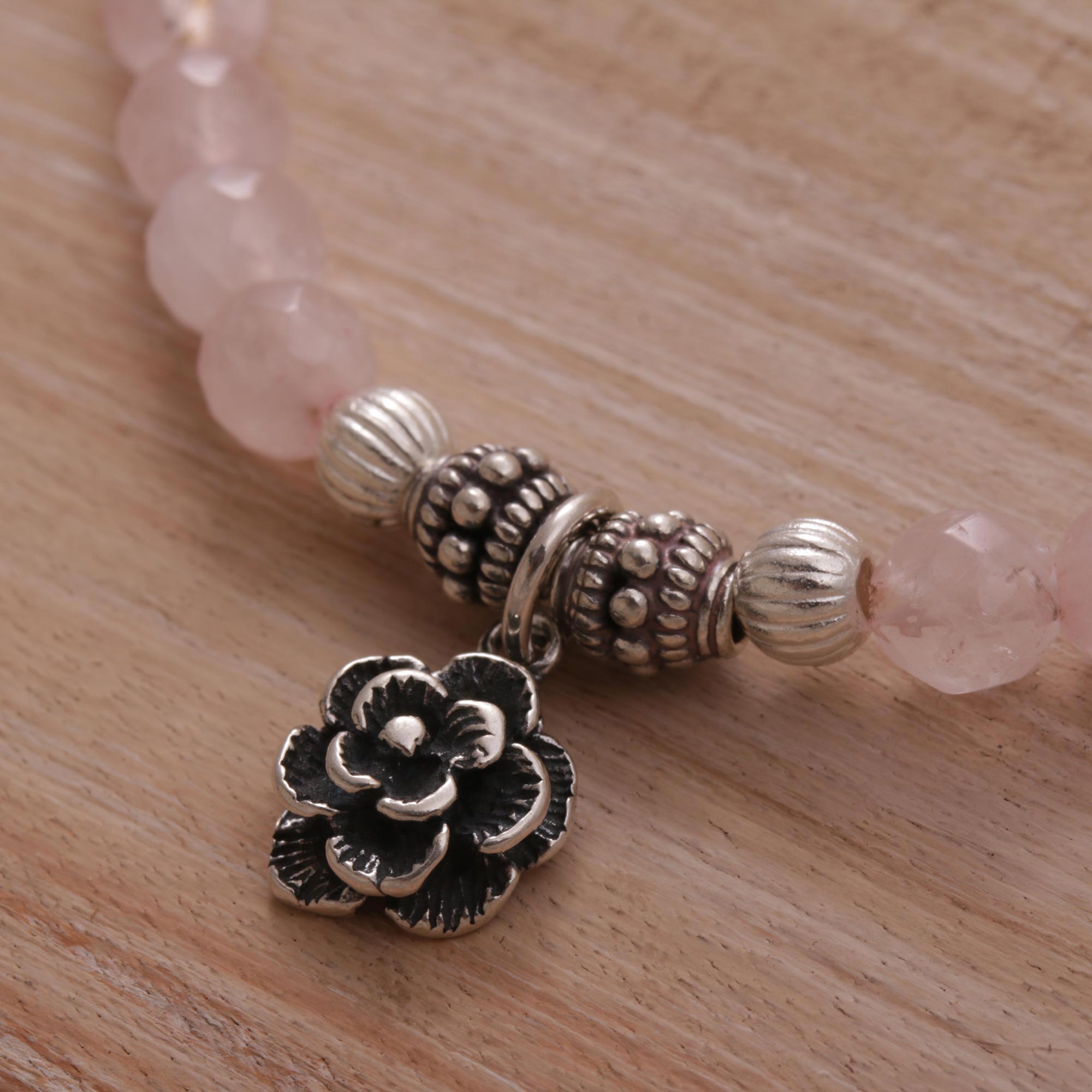 Premium Rose Quartz & Flower Charm Bracelet - Handcrafted in Bali