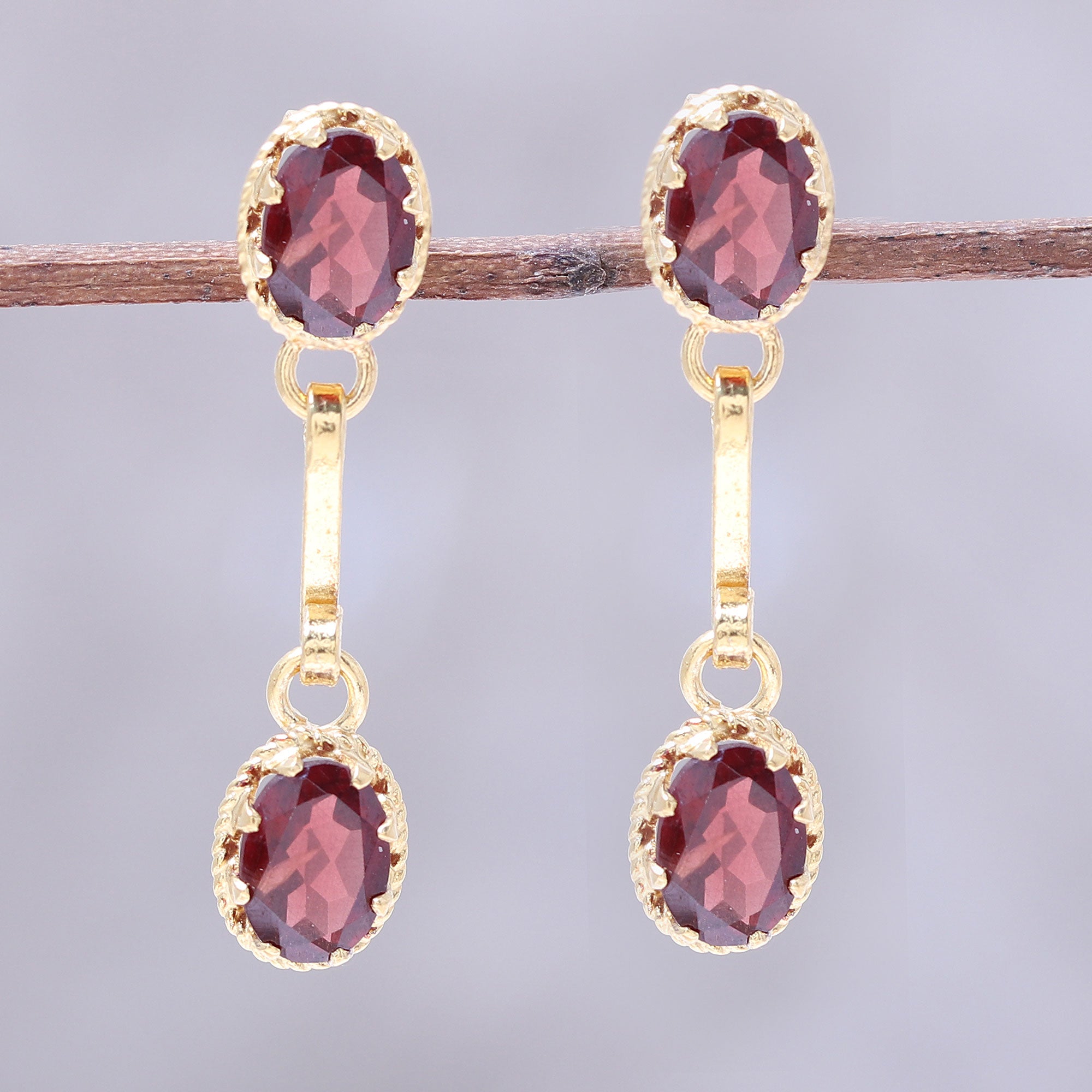 Premium Gold Plated Garnet Dangle Earrings - Handcrafted in India