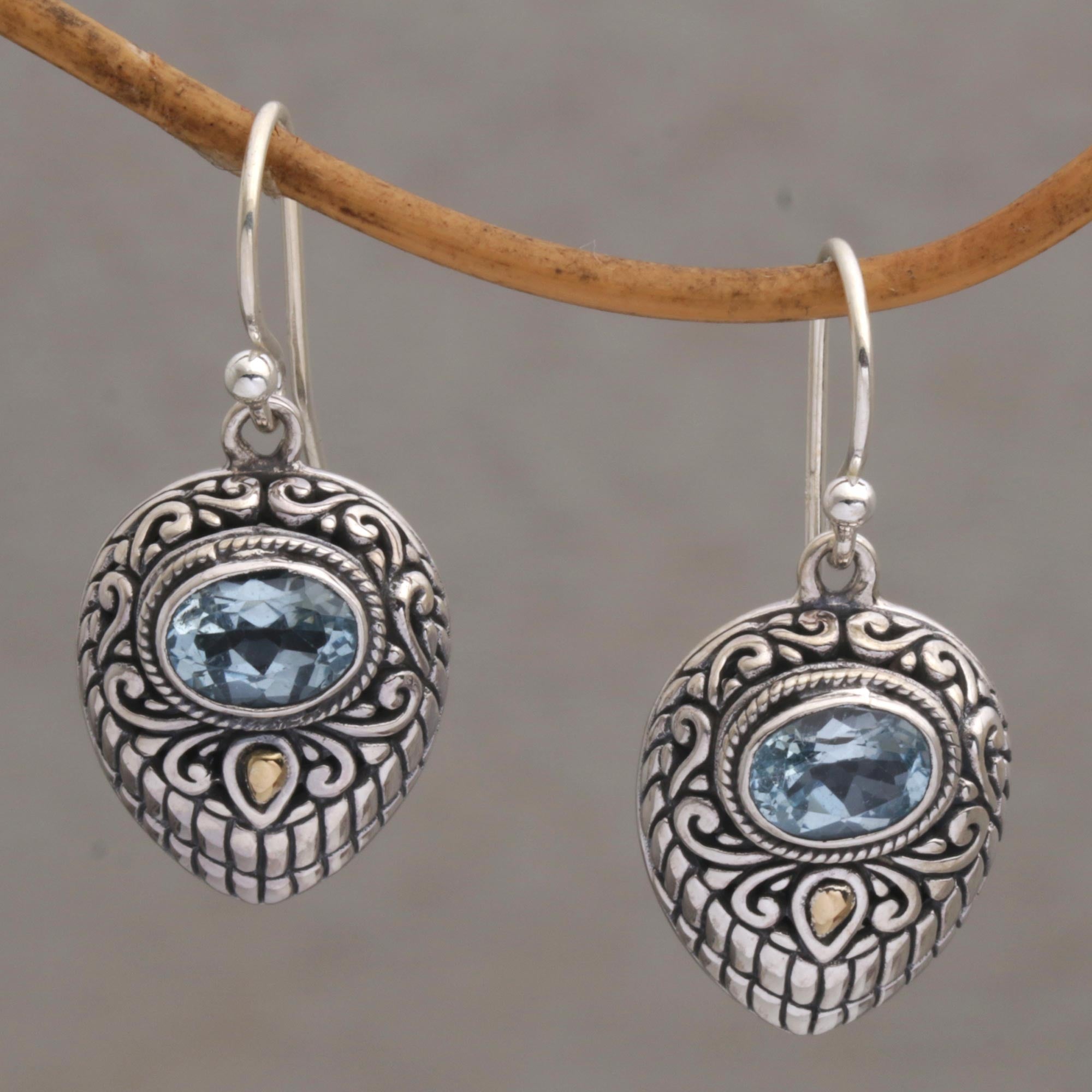 Premium Swirling Crests Blue Topaz Earrings in 925 Silver & 18K Gold Accents | Handcrafted in Bali