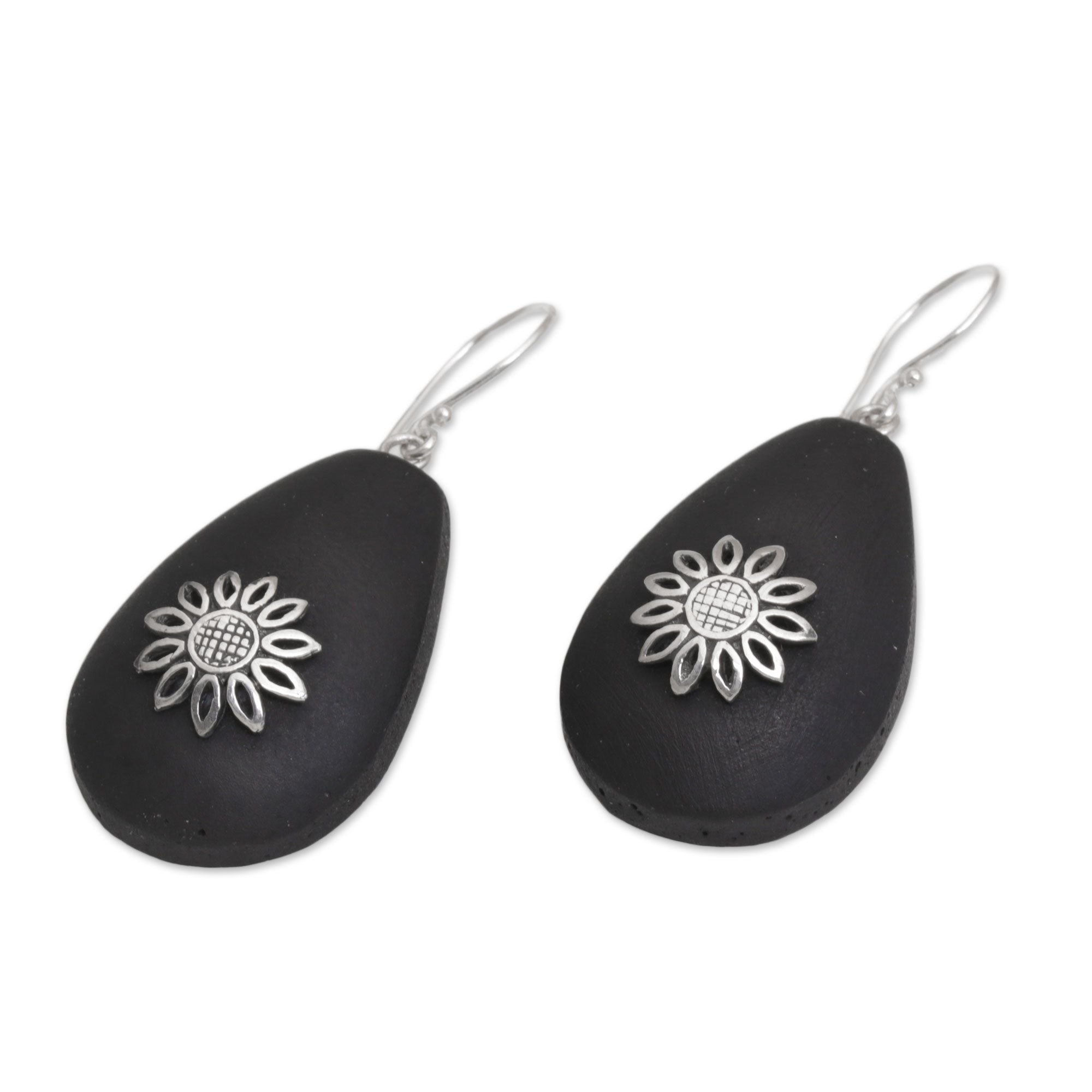 Premium Pura Petals Lava Stone Earrings - Sterling Silver Floral Design from Bali