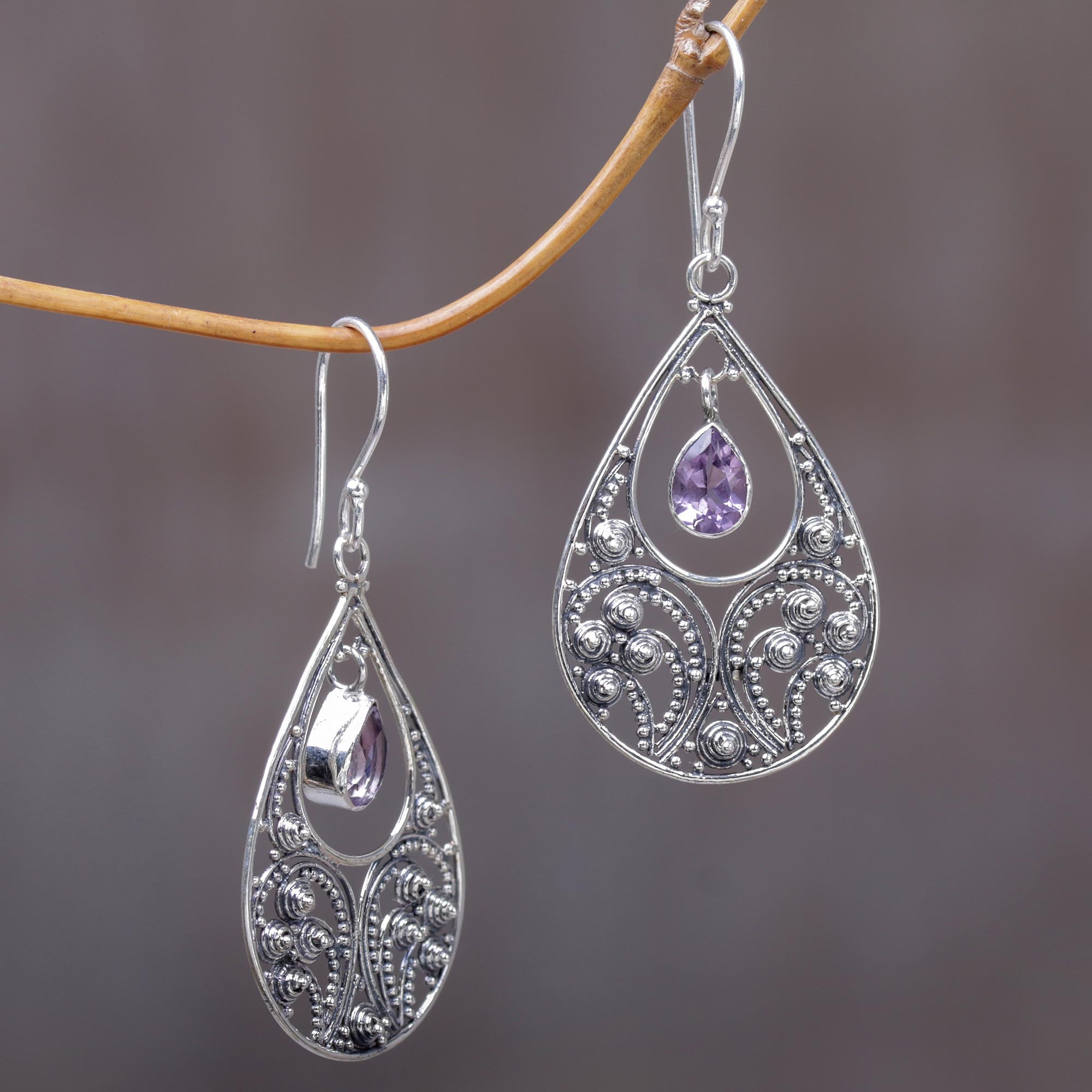 Premium Bali Crest Amethyst Dangle Earrings in Sterling Silver