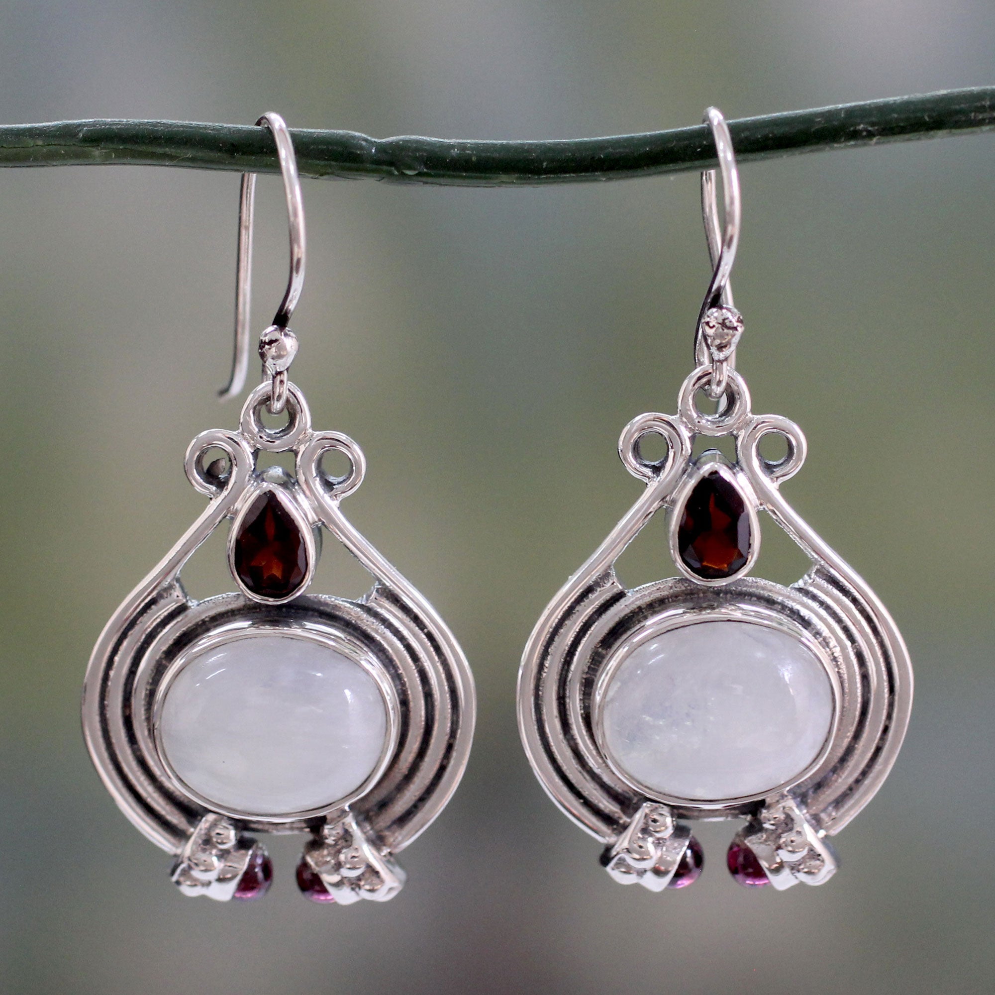 Premium Mysterious Mist Handmade Rainbow Moonstone & Garnet Earrings