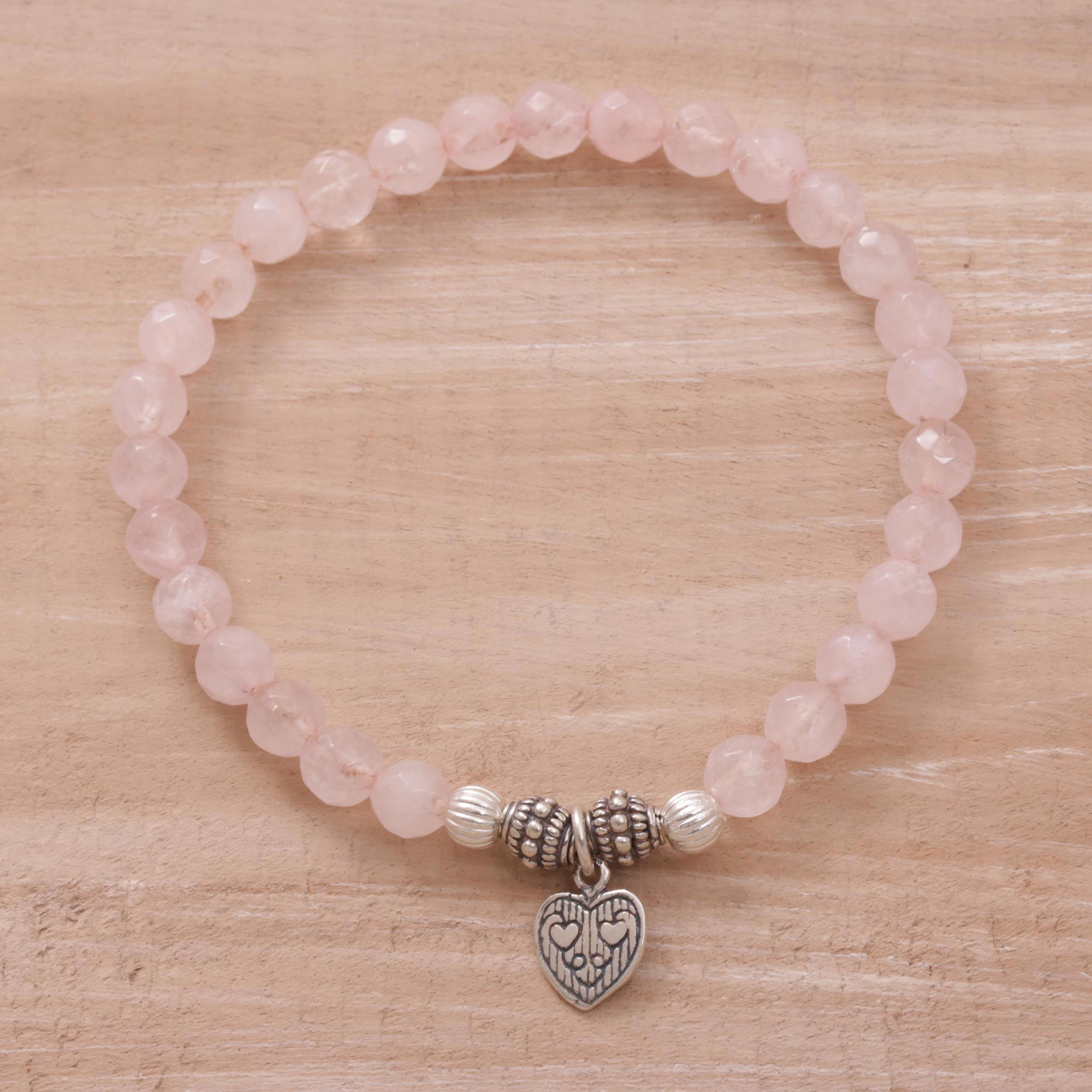 Premium Rose Quartz Heart Charm Bracelet - Handcrafted in Bali