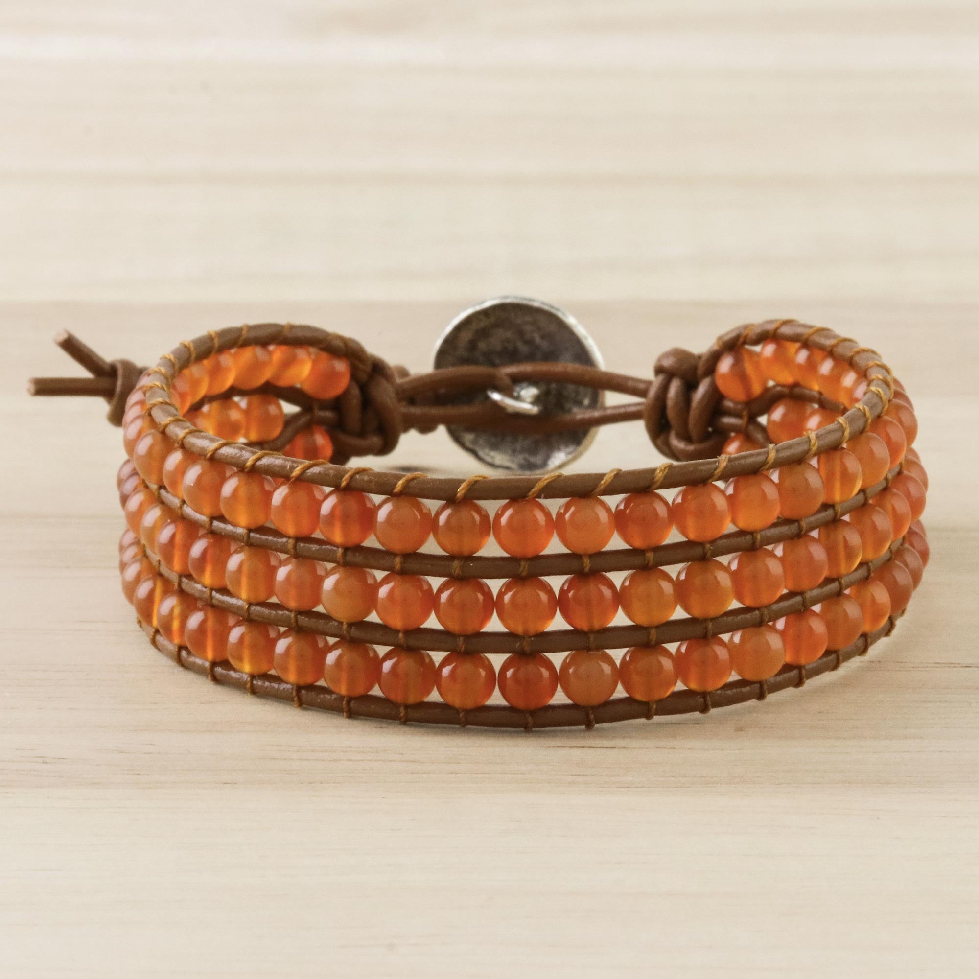 Premium Carnelian & Karen Silver Leather Bracelet - Sunlit Dawn Collection