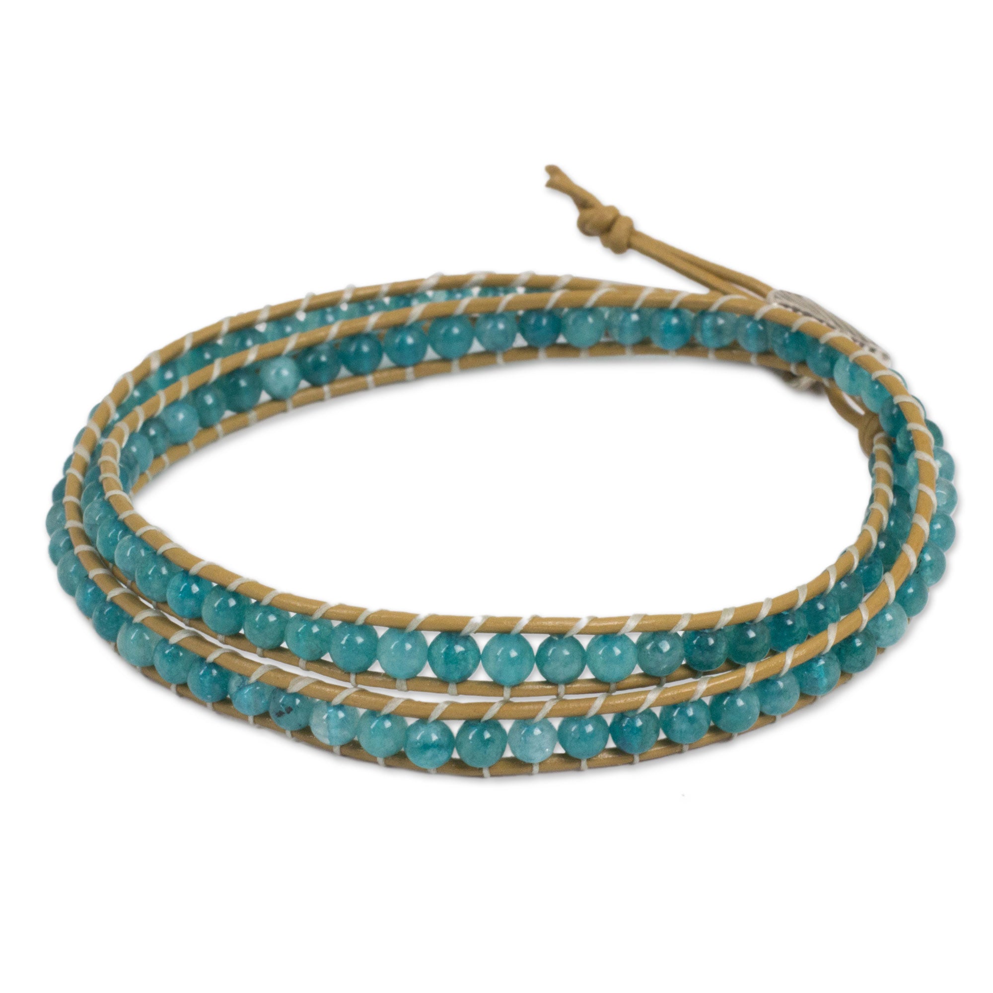 Premium Hill Tribe Handmade Wrap Bracelet - Ice Blue Quartz & Brown Leather