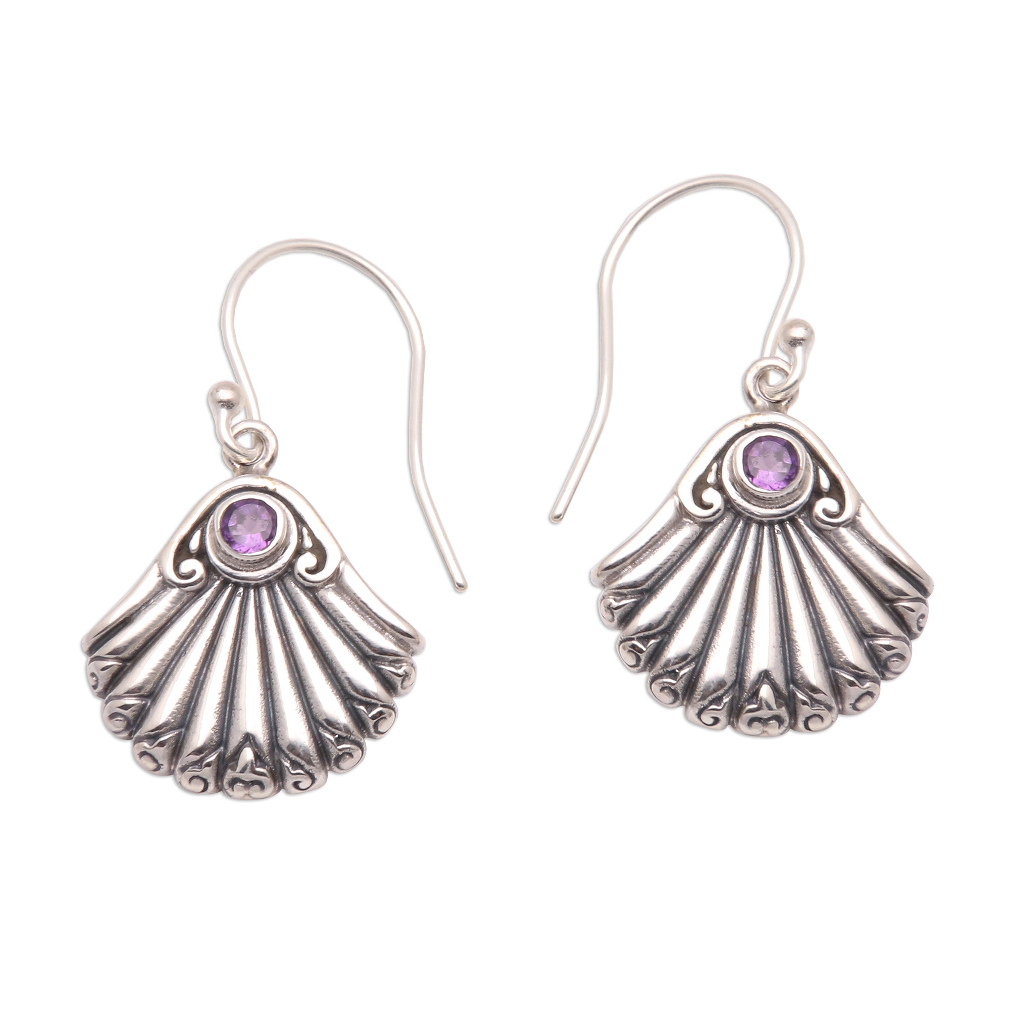 Premium Bali Amethyst Seashell Dangle Earrings - Handcrafted Sterling Silver