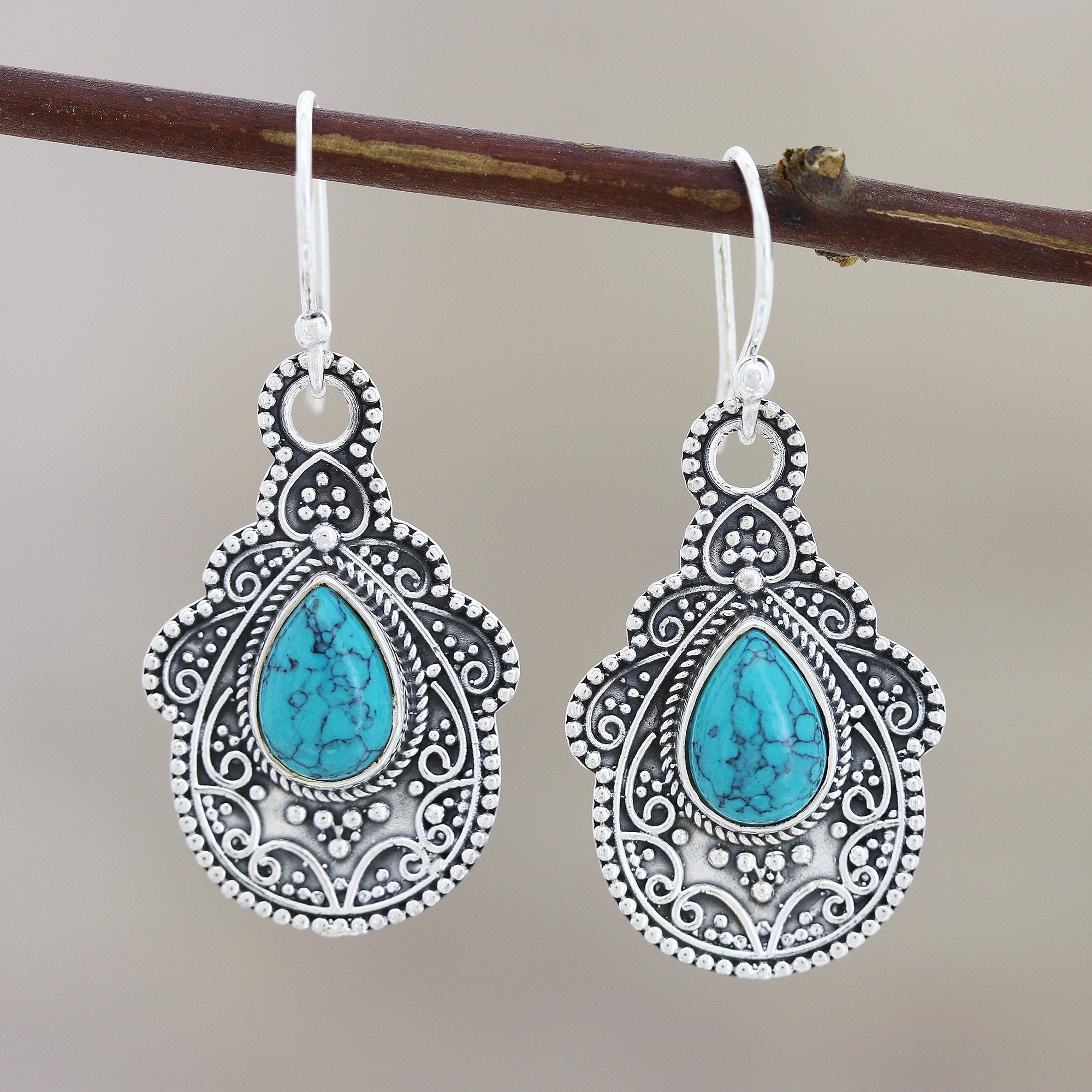 Premium Agra Aesthetic Oxidized Silver & Turquoise Dangle Earrings