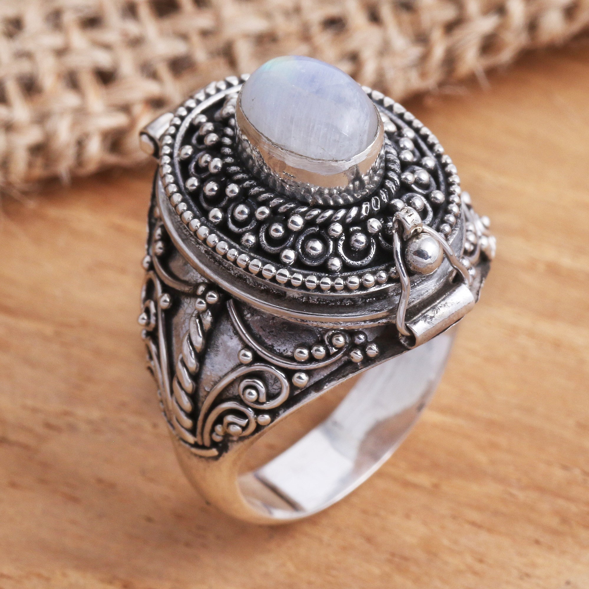 Premium Secret Compartment Rainbow Moonstone Cocktail Ring - Sterling Silver