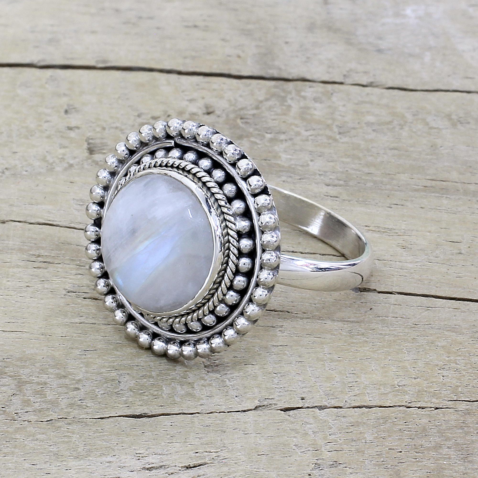 Premium Handcrafted Rainbow Moonstone Cocktail Ring - Sterling Silver Elegance