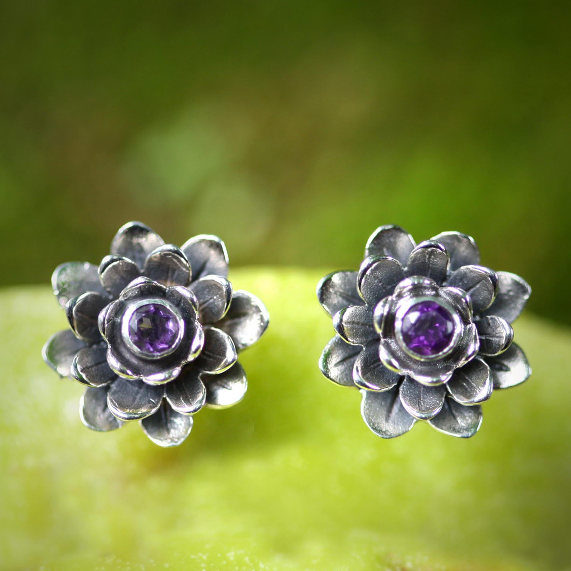 Premium Lilac Lotus Amethyst Earrings – Handcrafted Sterling Silver