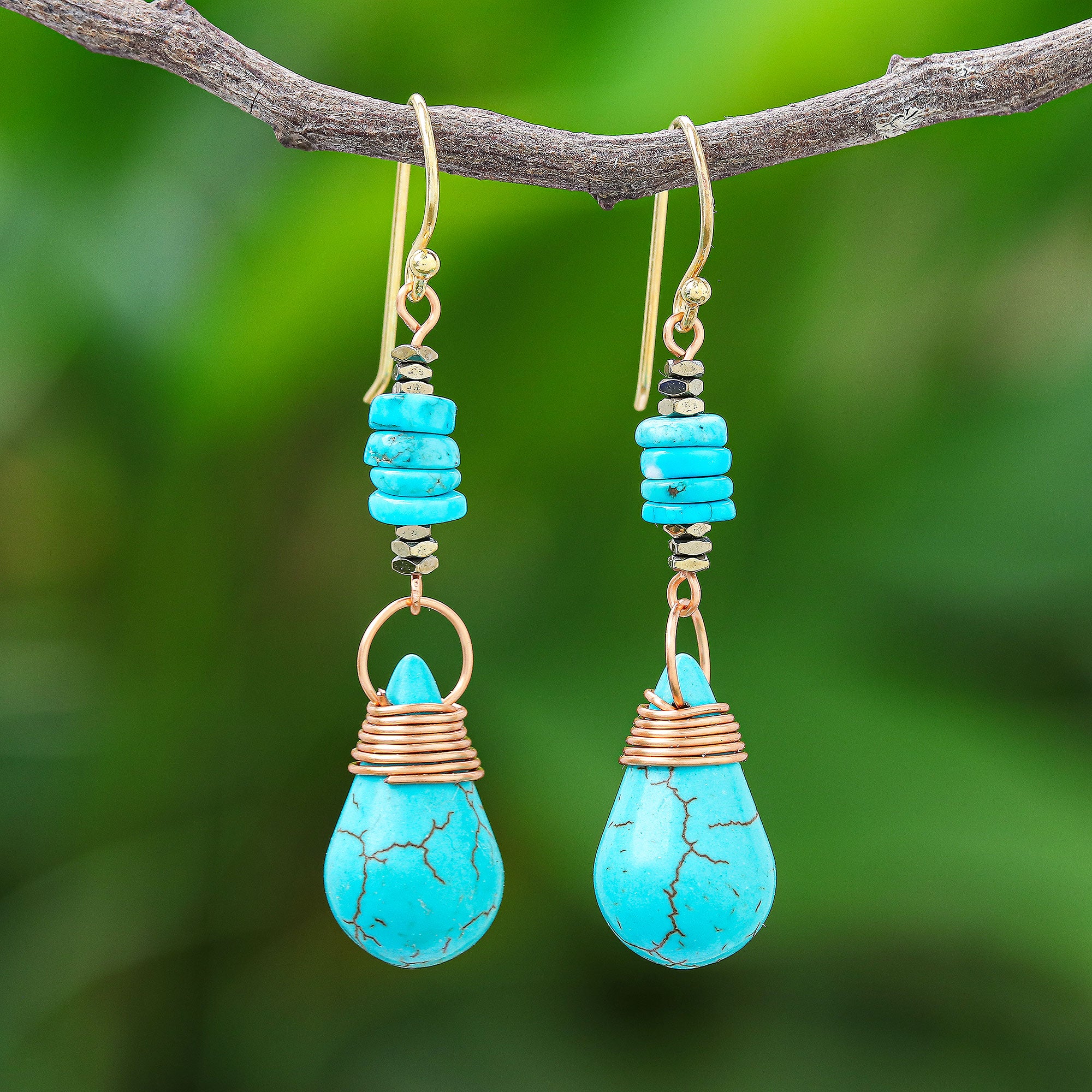 Premium Rainshower Howlite Pyrite Turquoise Dangle Earrings - Handcrafted Elegance