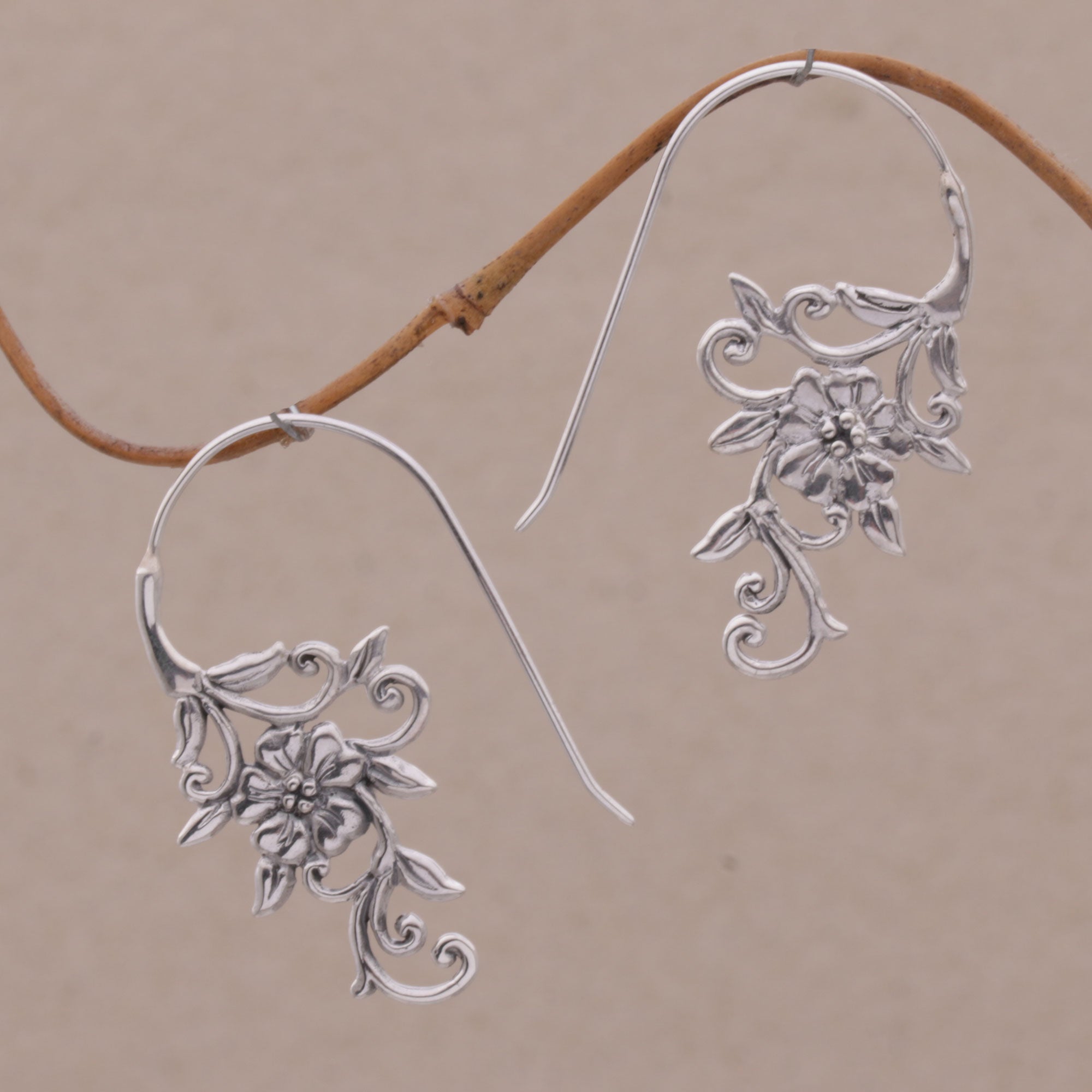 Premium Floral Vines Sterling Silver Drop Earrings - Handmade in Indonesia