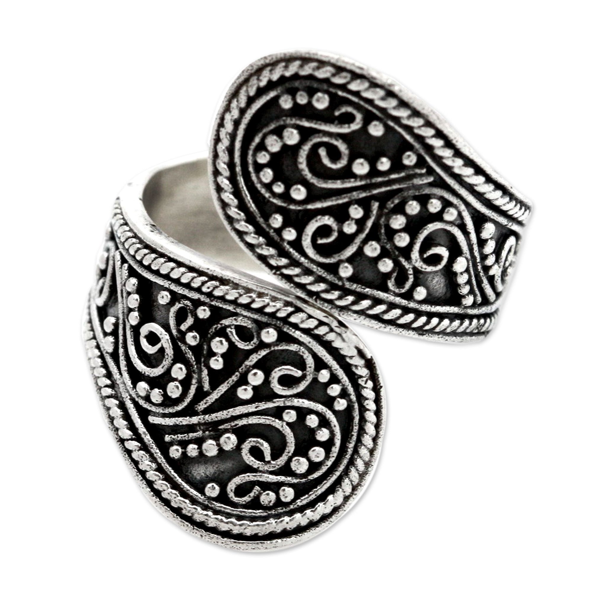 Premium Silver Floral Paisley Wrap Ring – Handcrafted Elegance